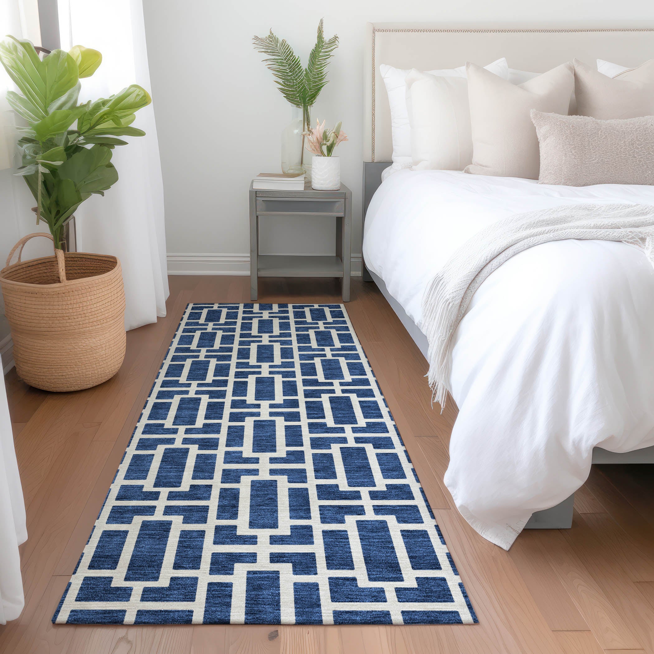 Seoul Machine Washable Transitional Navy Blue Rug 2'3" x 7'6" #shape_Runner