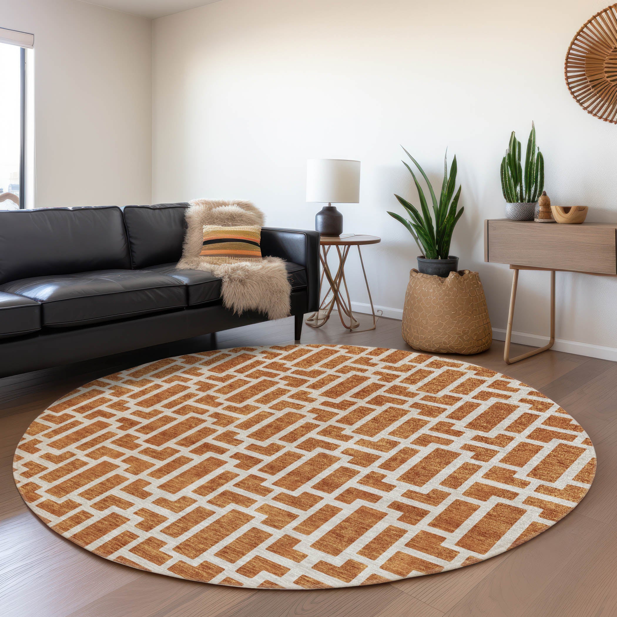 Seoul Machine Washable Transitional Terracotta Orange Rug 8' x 8' #shape_Round
