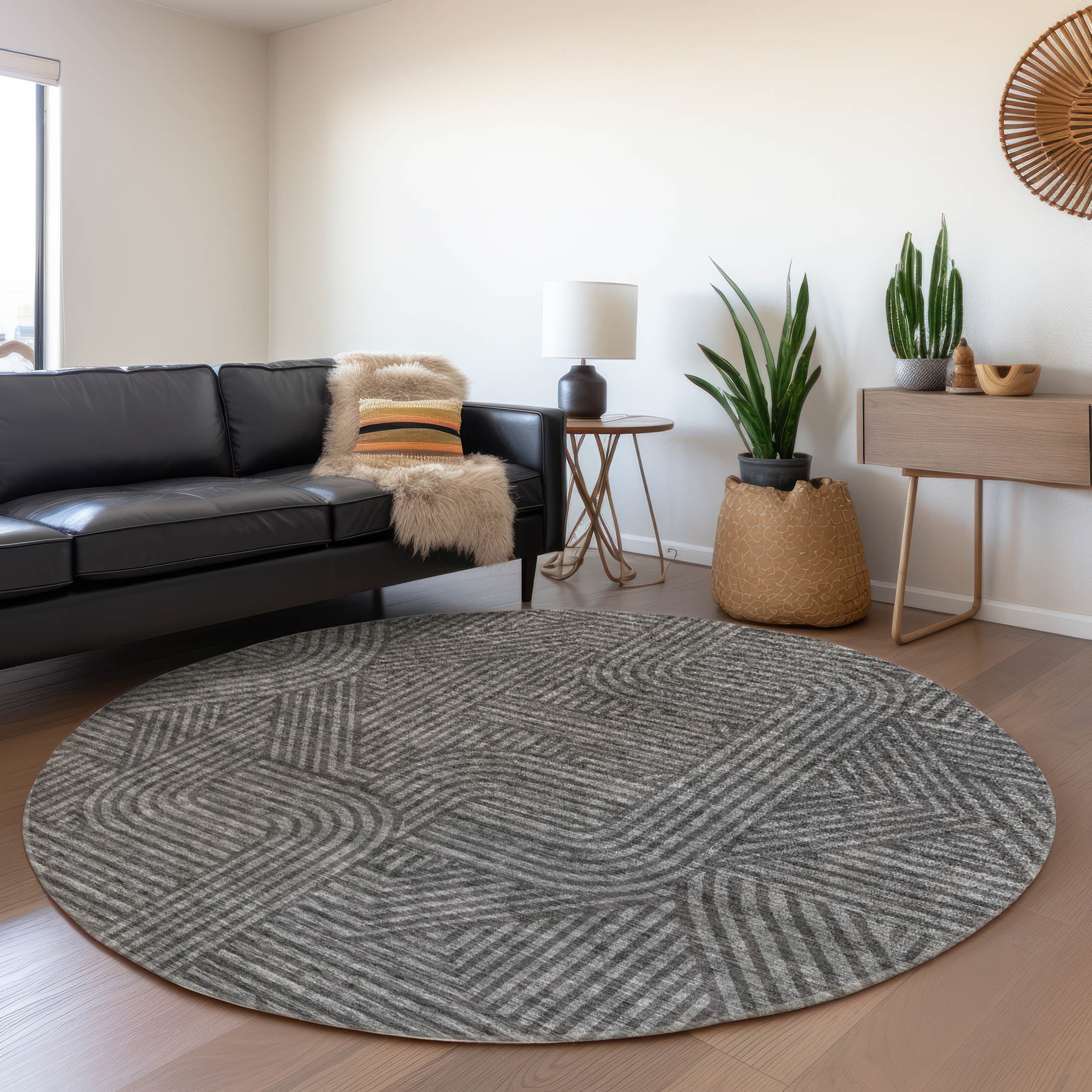 Prague Machine Washable Transitional Charcoal Gray Rug 8' x 8' #shape_Round