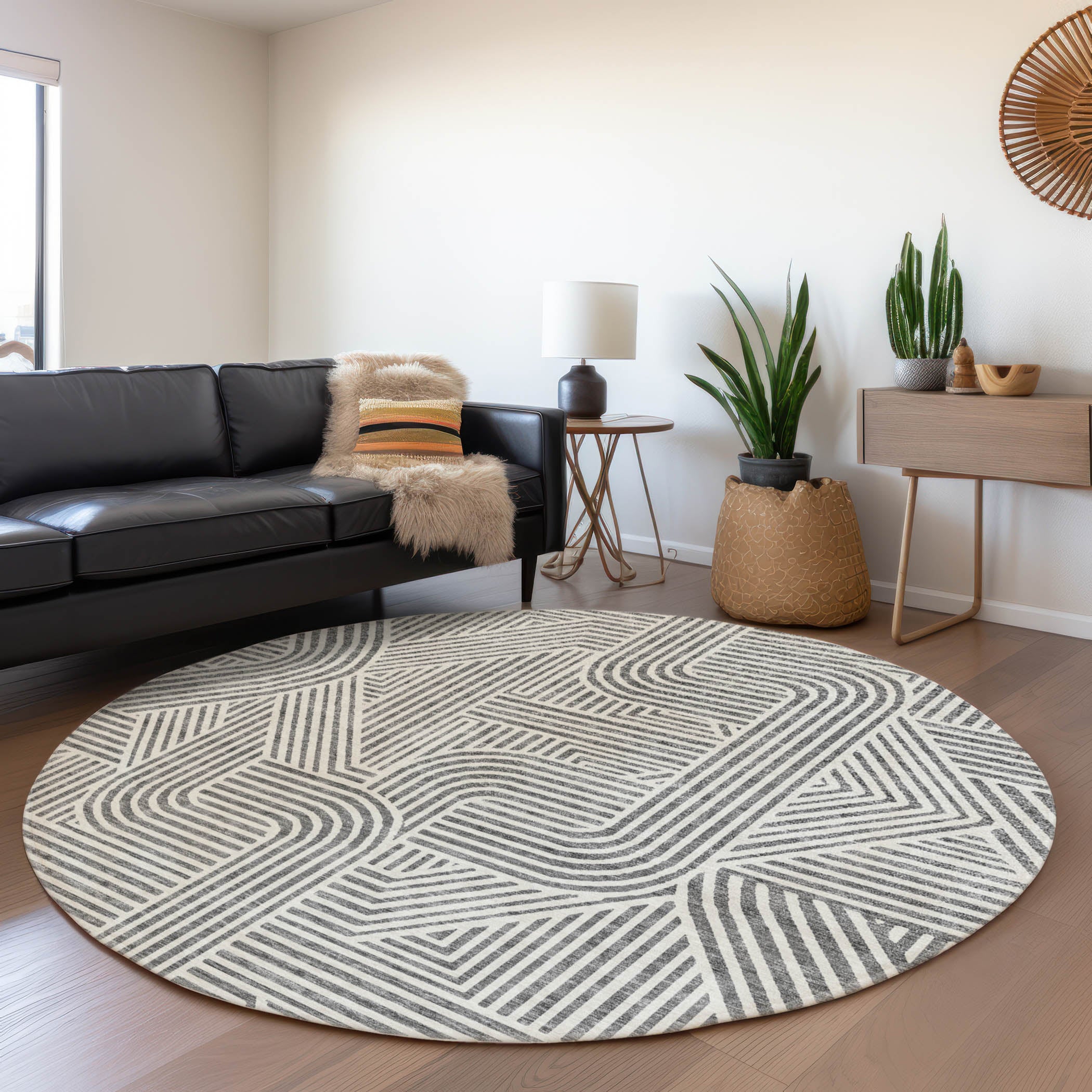 Prague Machine Washable Transitional Gray Rug 8' x 8' #shape_Round