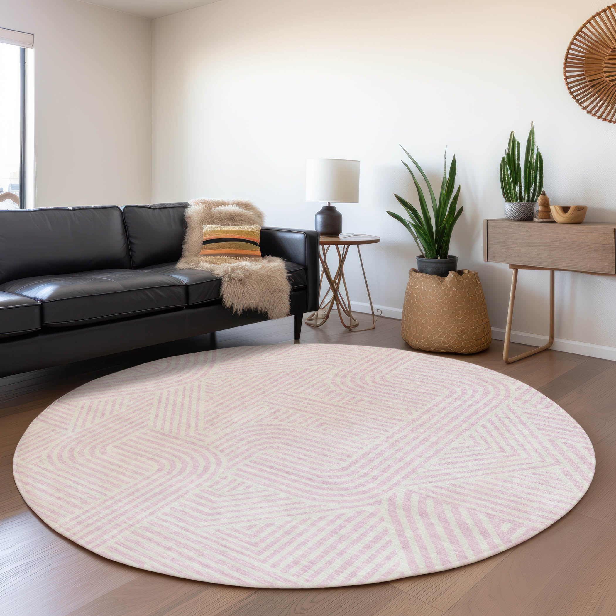 Prague Machine Washable Transitional Pink Rug 8' x 8' #shape_Round