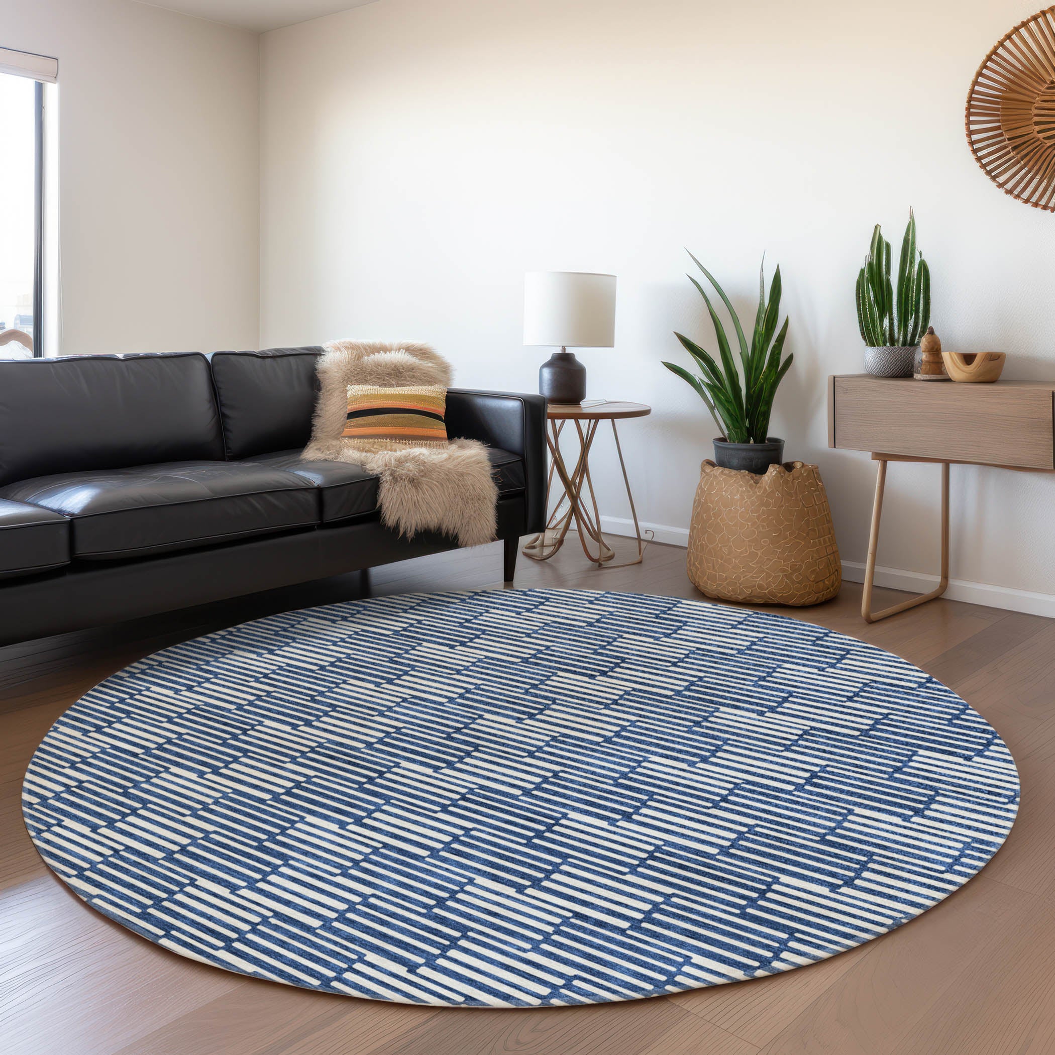 Vienna Machine Washable Transitional Navy Blue Rug 8' x 8' #shape_Round