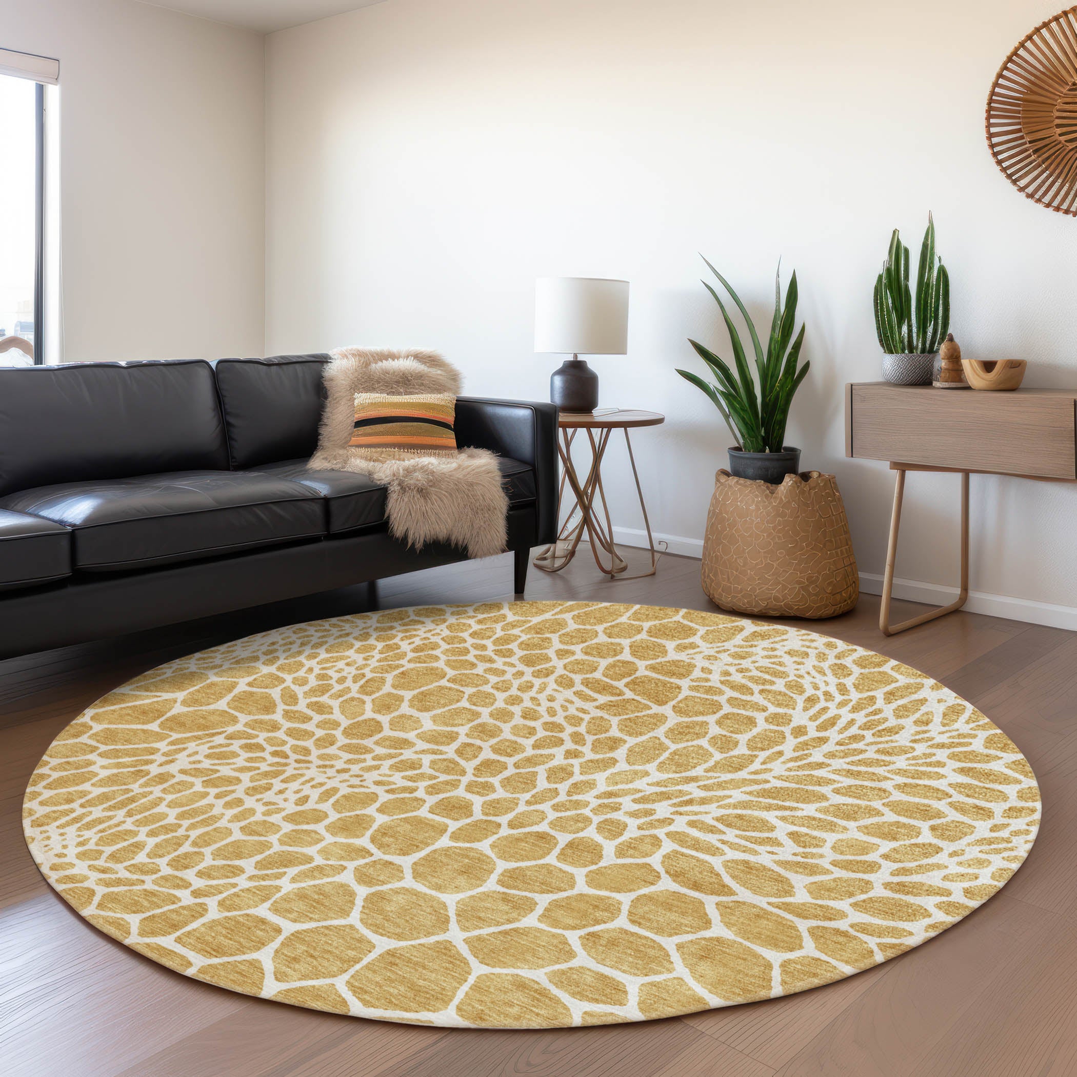 Rome Machine Washable Transitional Gold Rug 8' x 8' #shape_Round