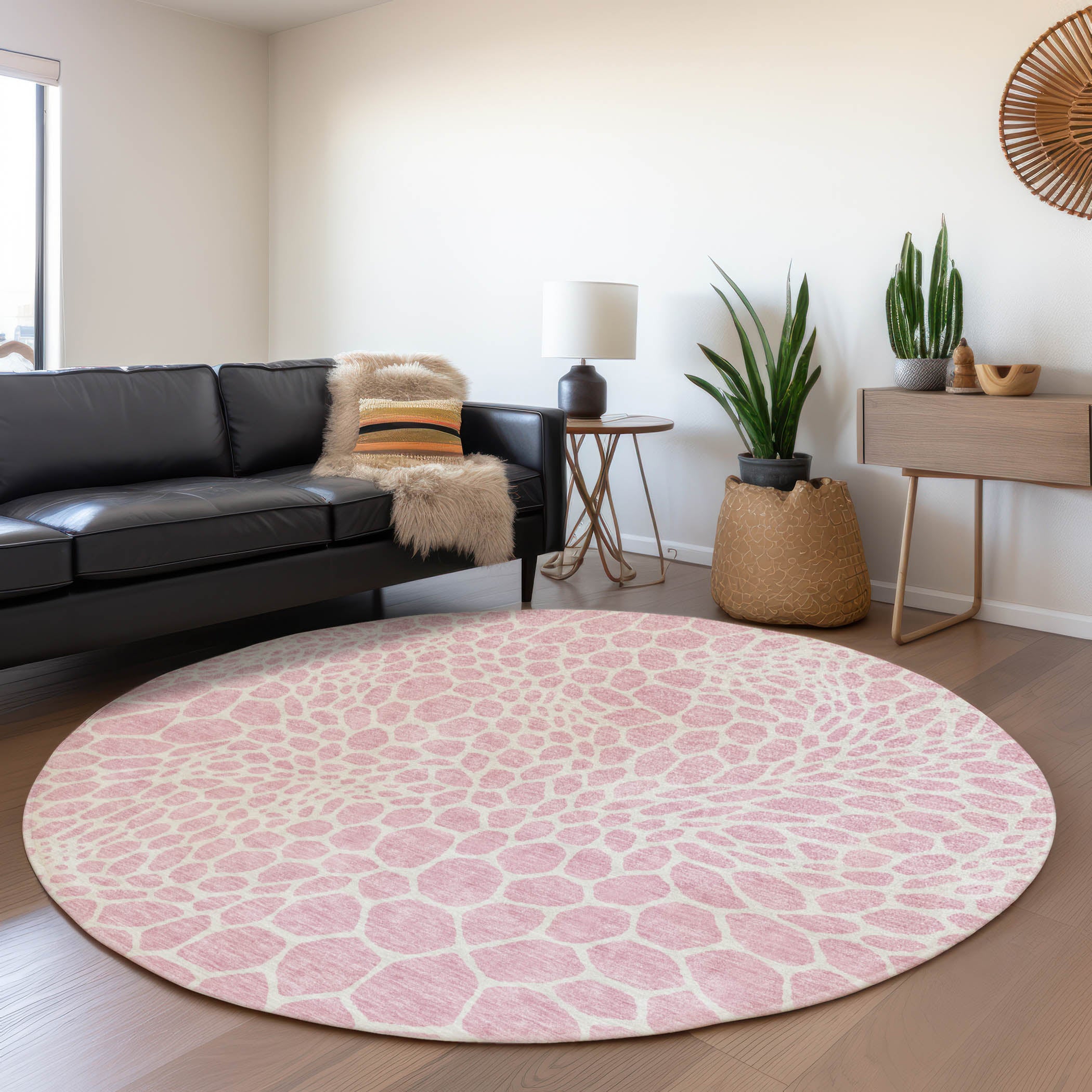 Rome Machine Washable Transitional Pink Rug 8' x 8' #shape_Round