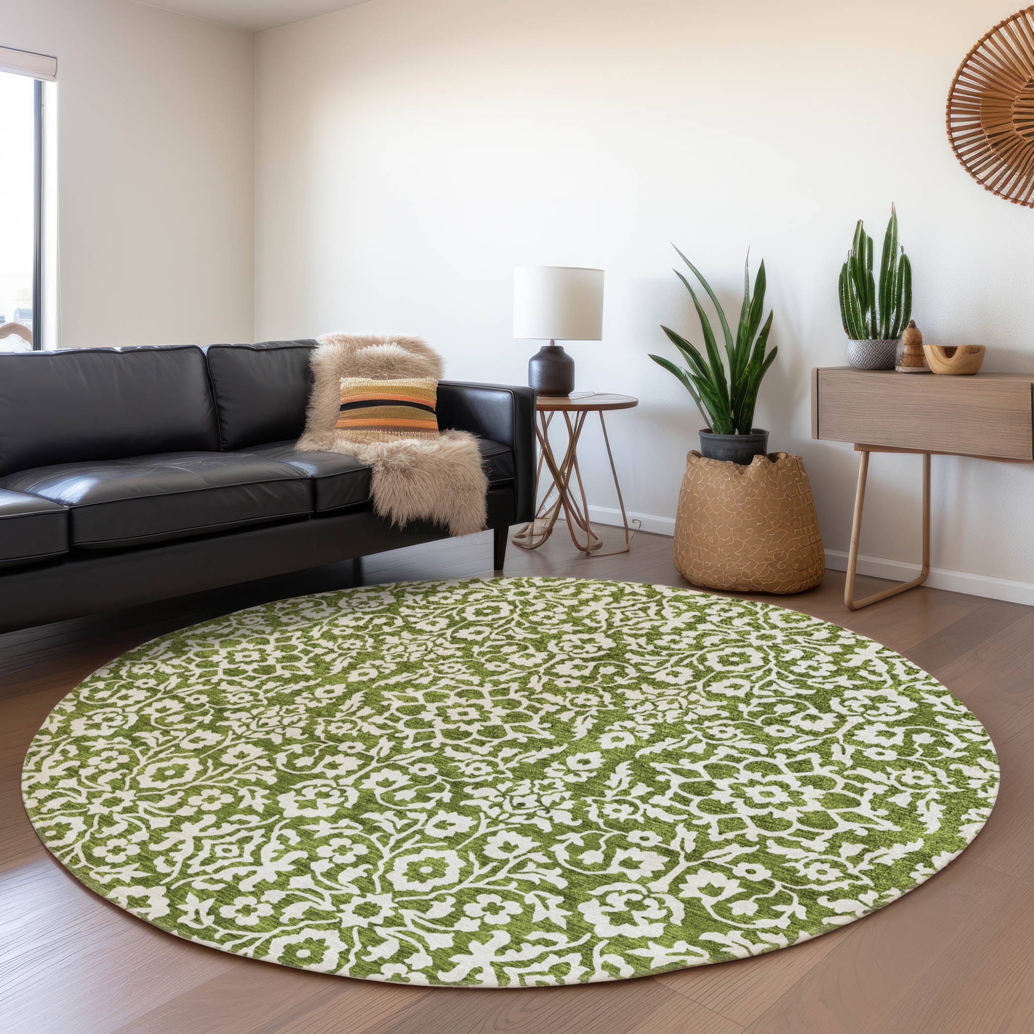 Sintra Machine Washable Traditional Olive Green Rug 8' x 8' #shape_Round