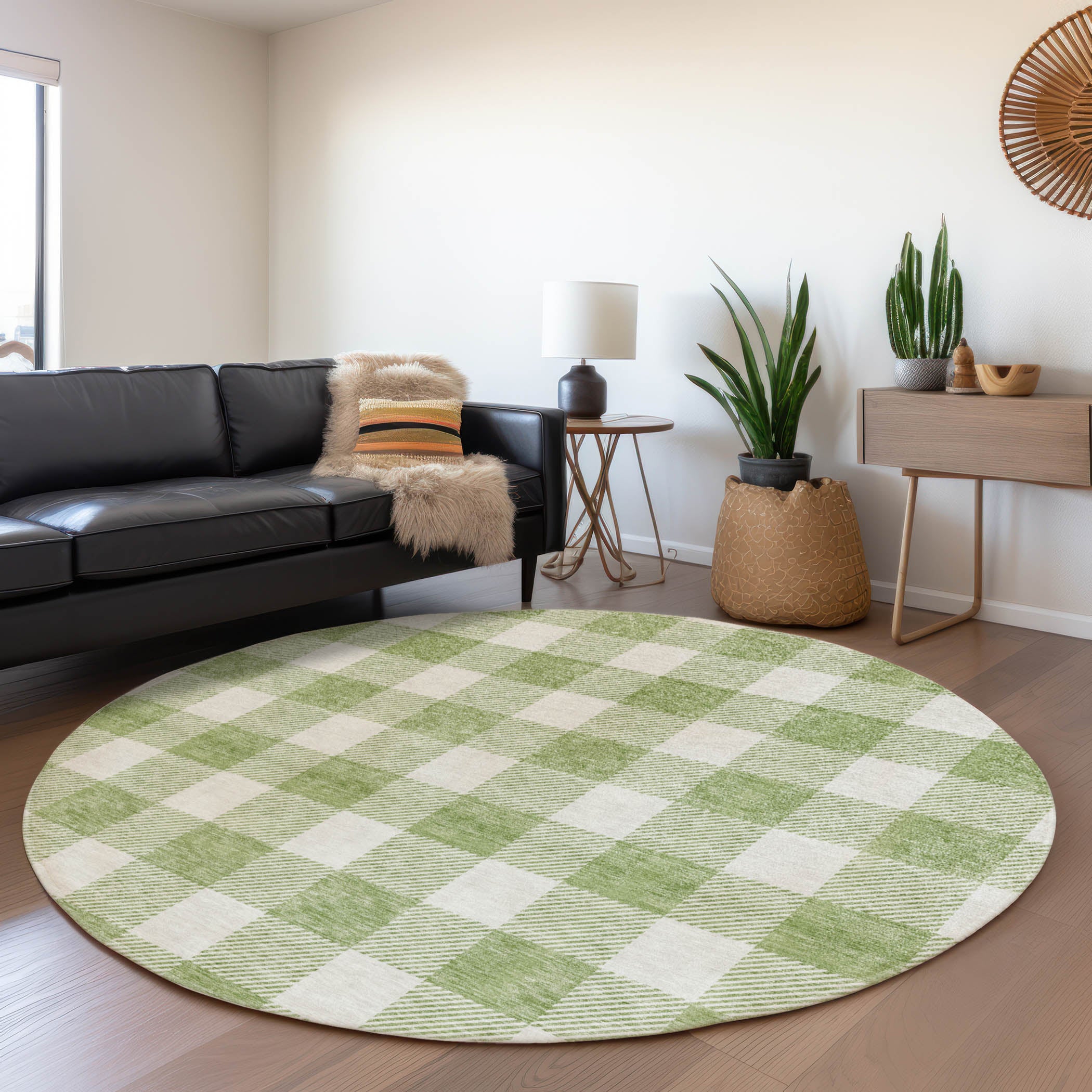 Kyoto Machine Washable Transitional Aloe Green Rug 8' x 8' #shape_Round