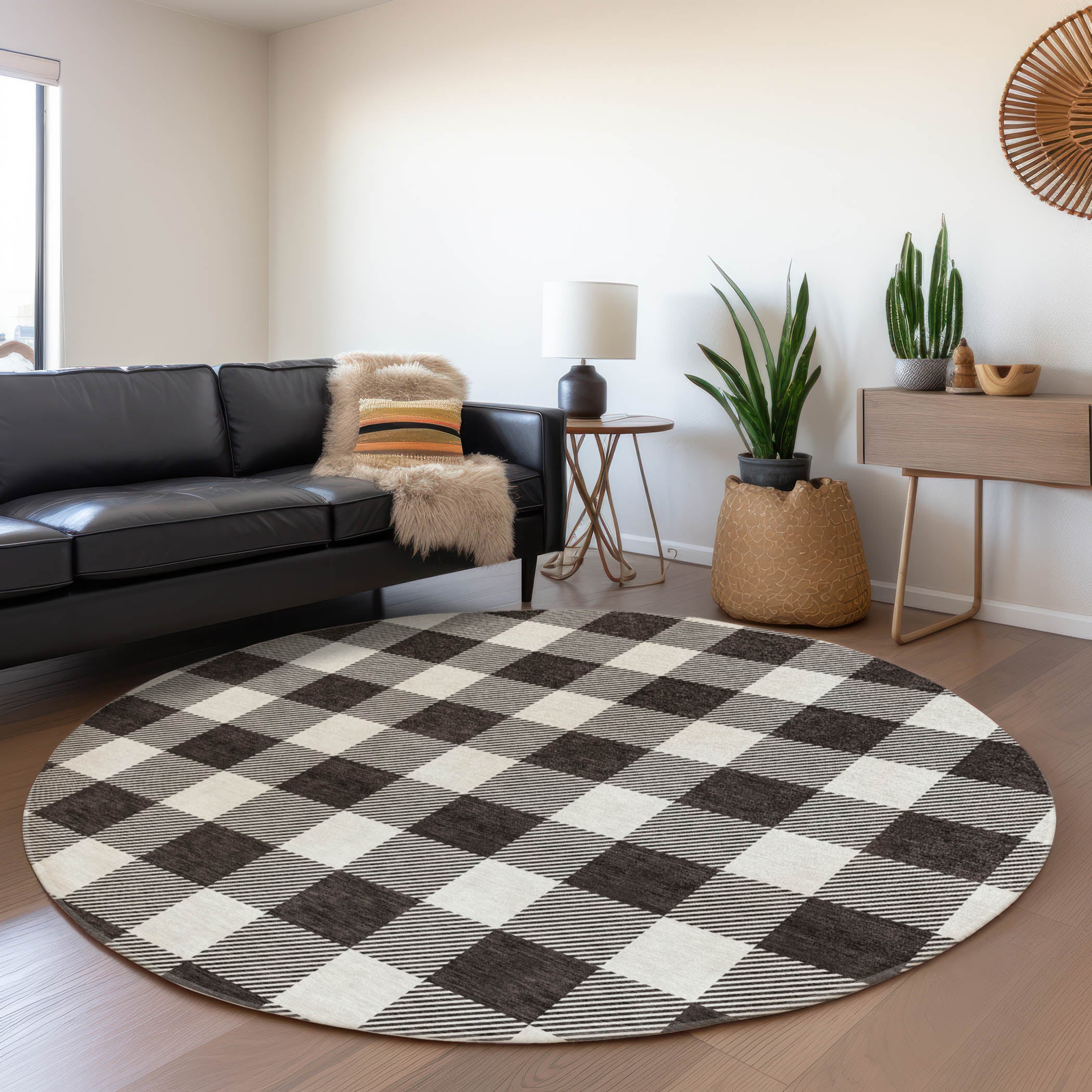 Kyoto Machine Washable Transitional Black Rug 8' x 8' #shape_Round