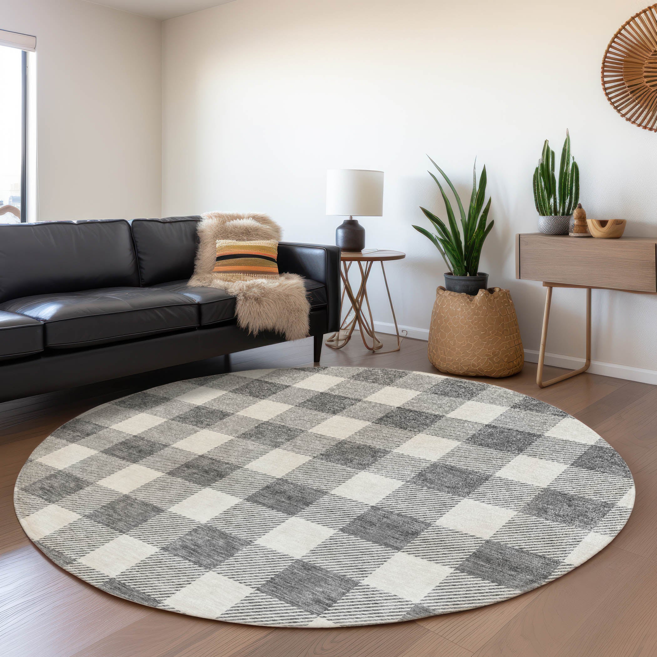 Kyoto Machine Washable Transitional Gray Rug 8' x 8' #shape_Round