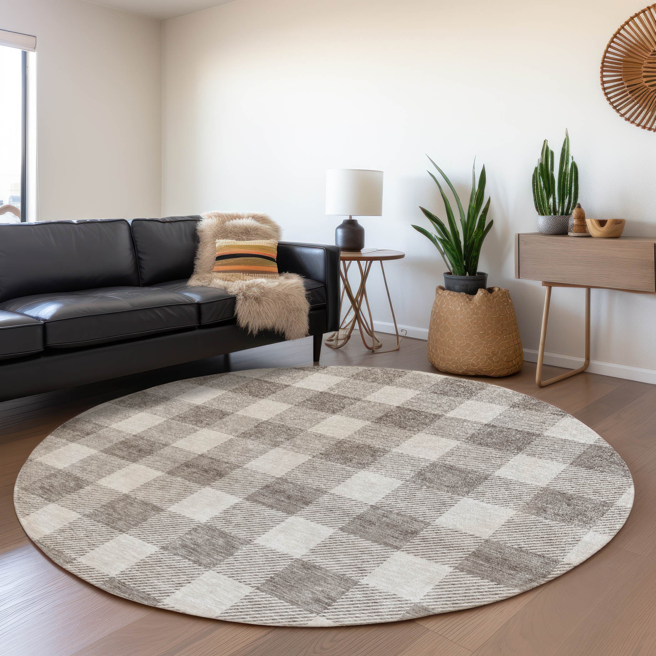 Kyoto Machine Washable Transitional Taupe Brown Rug 8' x 8' #shape_Round