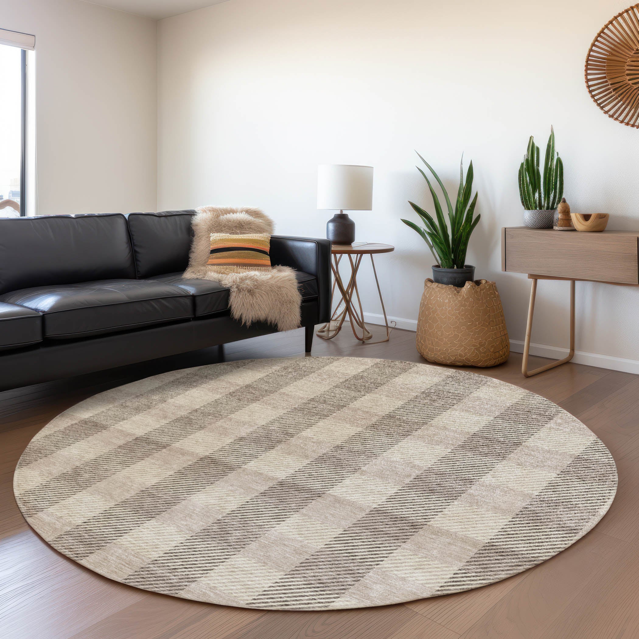 Bruges Machine Washable Transitional Beige Brown Rug 8' x 8' #shape_Round