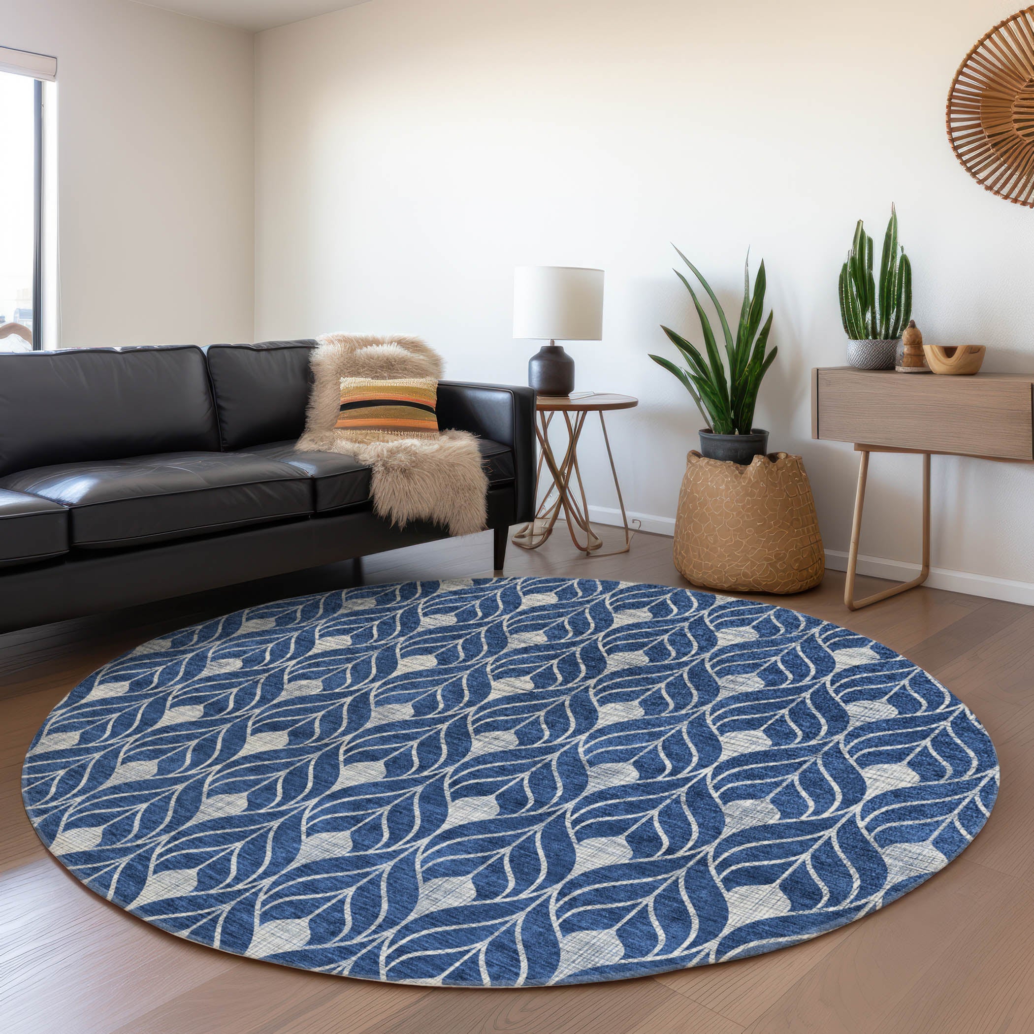 Marrakech Machine Washable Transitional Navy Blue Rug 8' x 8' #shape_Round