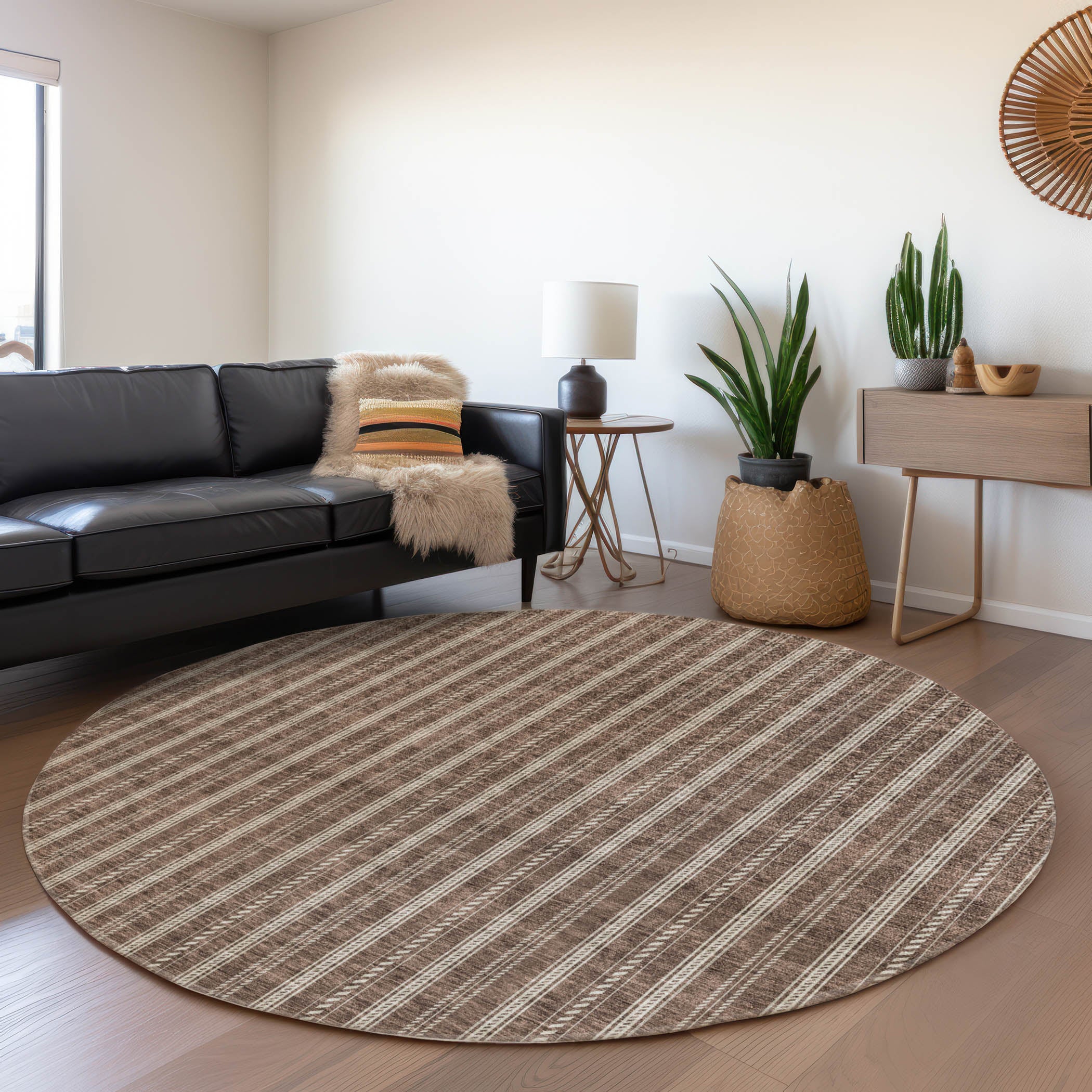 Dublin Machine Washable Transitional Brown Rug 8' x 8' #shape_Round