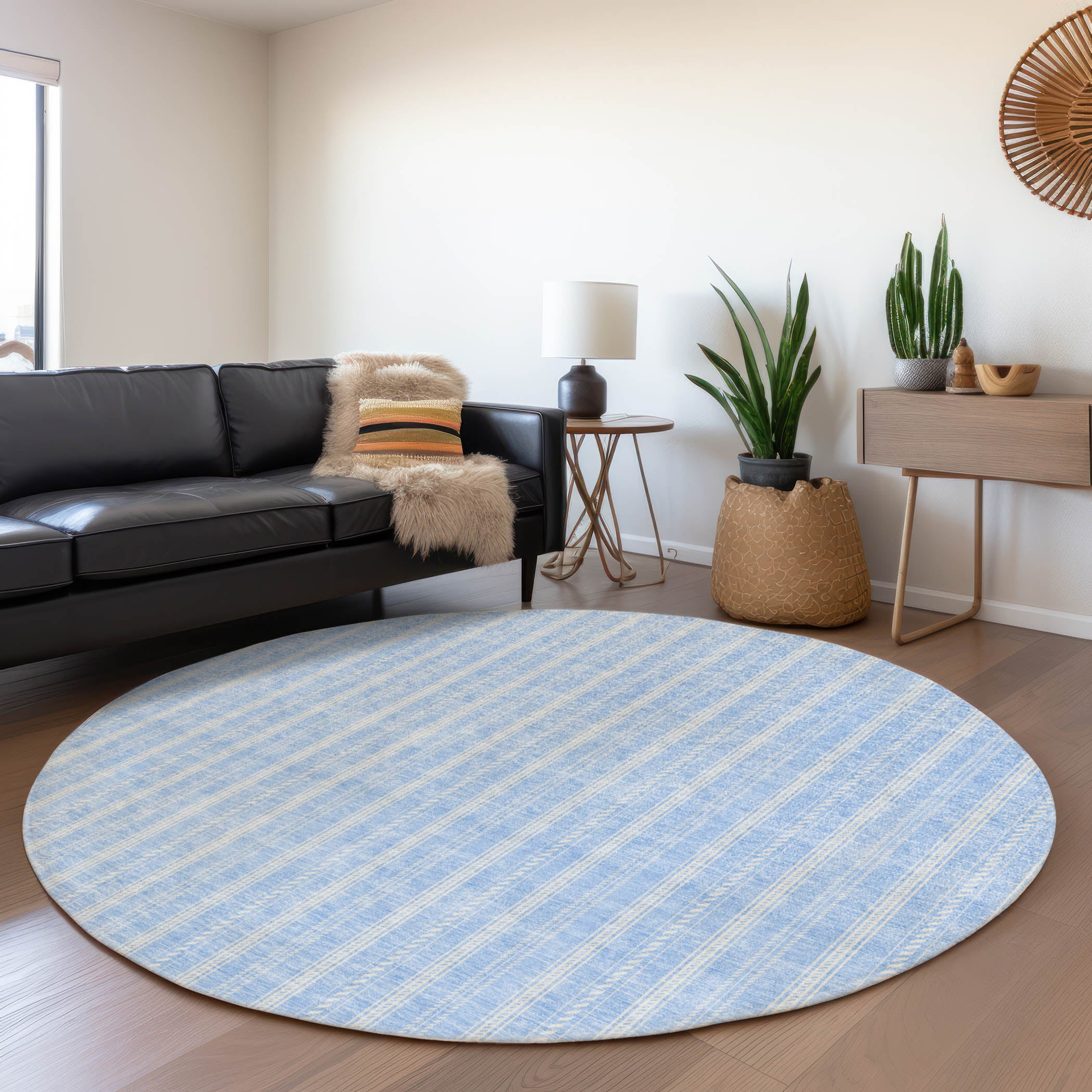 Dublin Machine Washable Transitional Sky Blue Rug 8' x 8' #shape_Round
