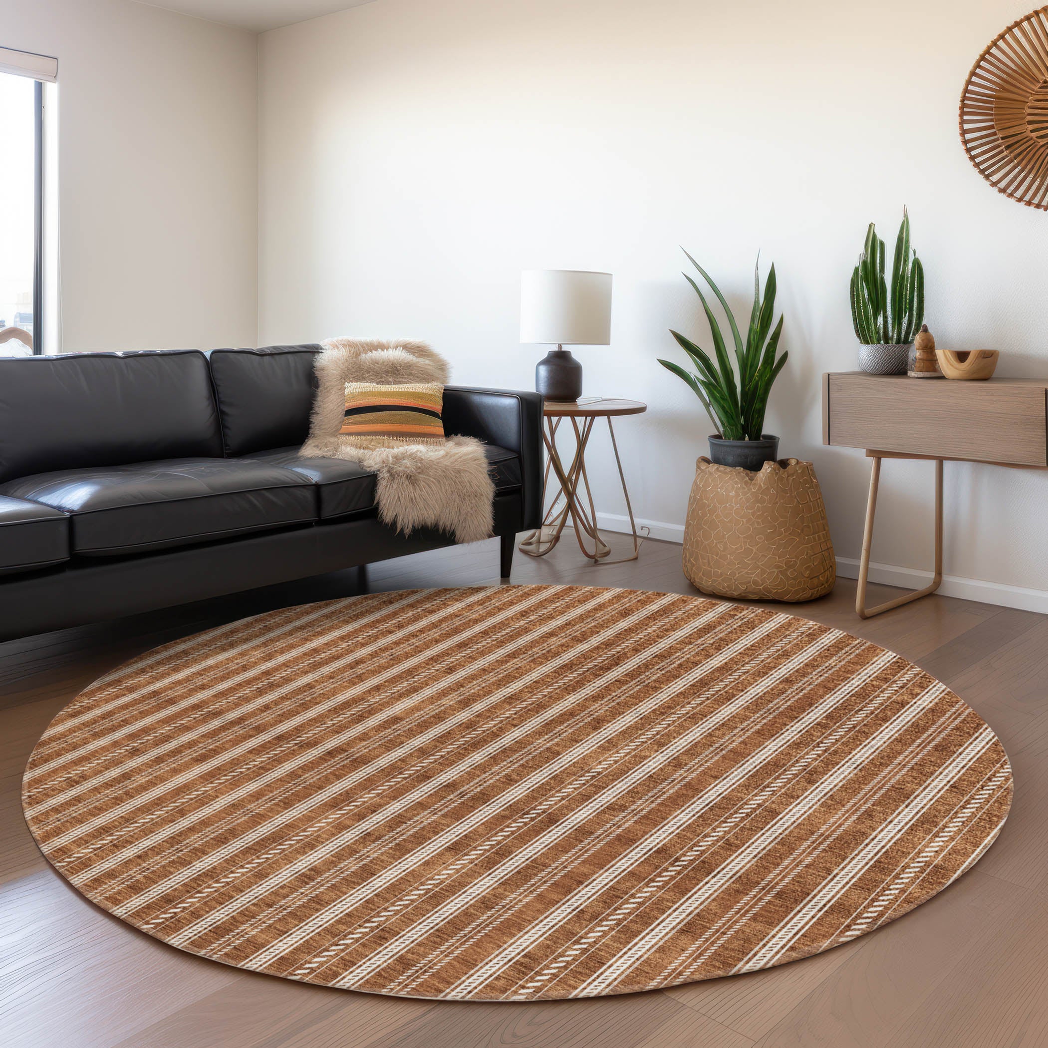 Dublin Machine Washable Transitional Terracotta Orange Rug 8' x 8' #shape_Round
