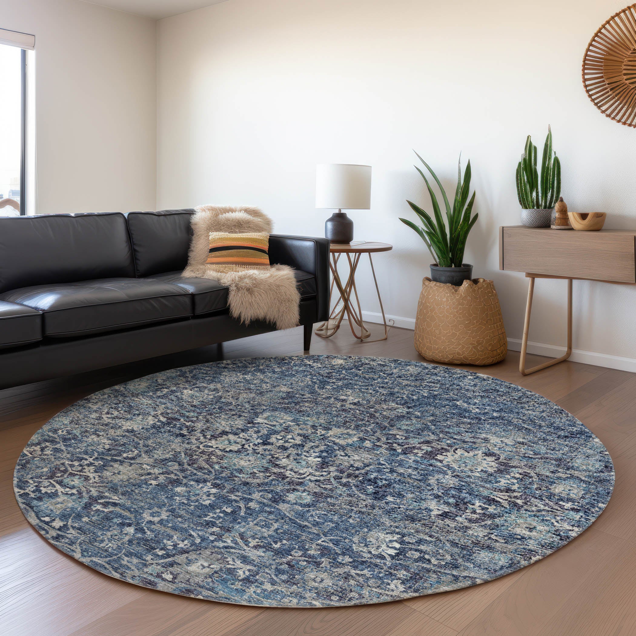 Queenstown Machine Washable Traditional Blue Rug 8' x 8' #shape_Round