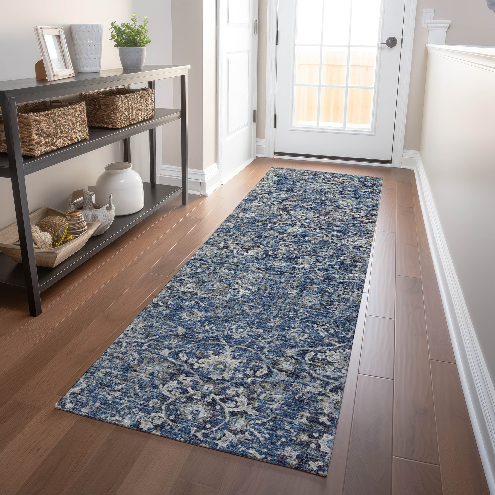 Queenstown Machine Washable Traditional Blue Rug 2'3" x 7'6" #shape_Runner
