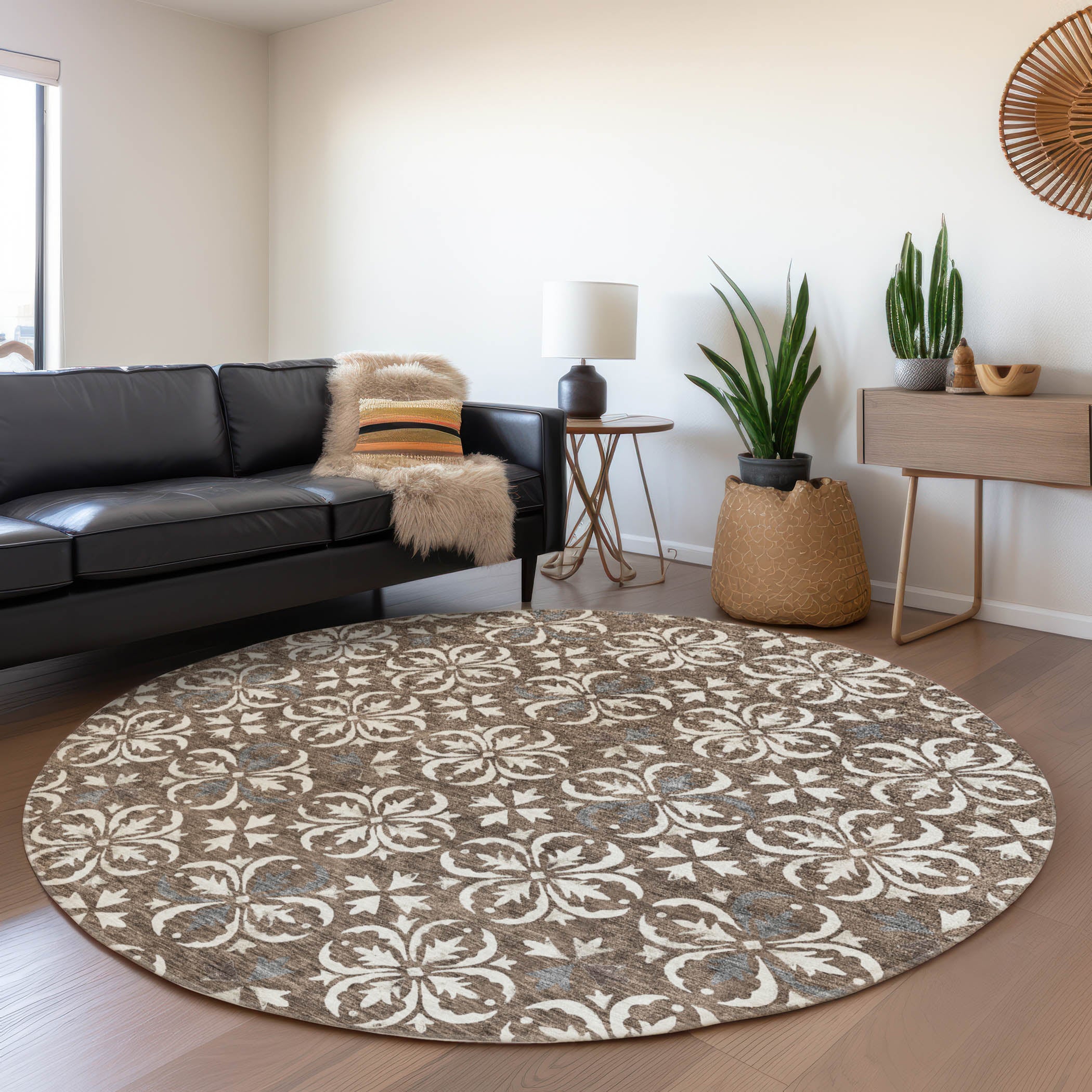 Antigua Machine Washable Transitional Brown Rug 8' x 8' #shape_Round