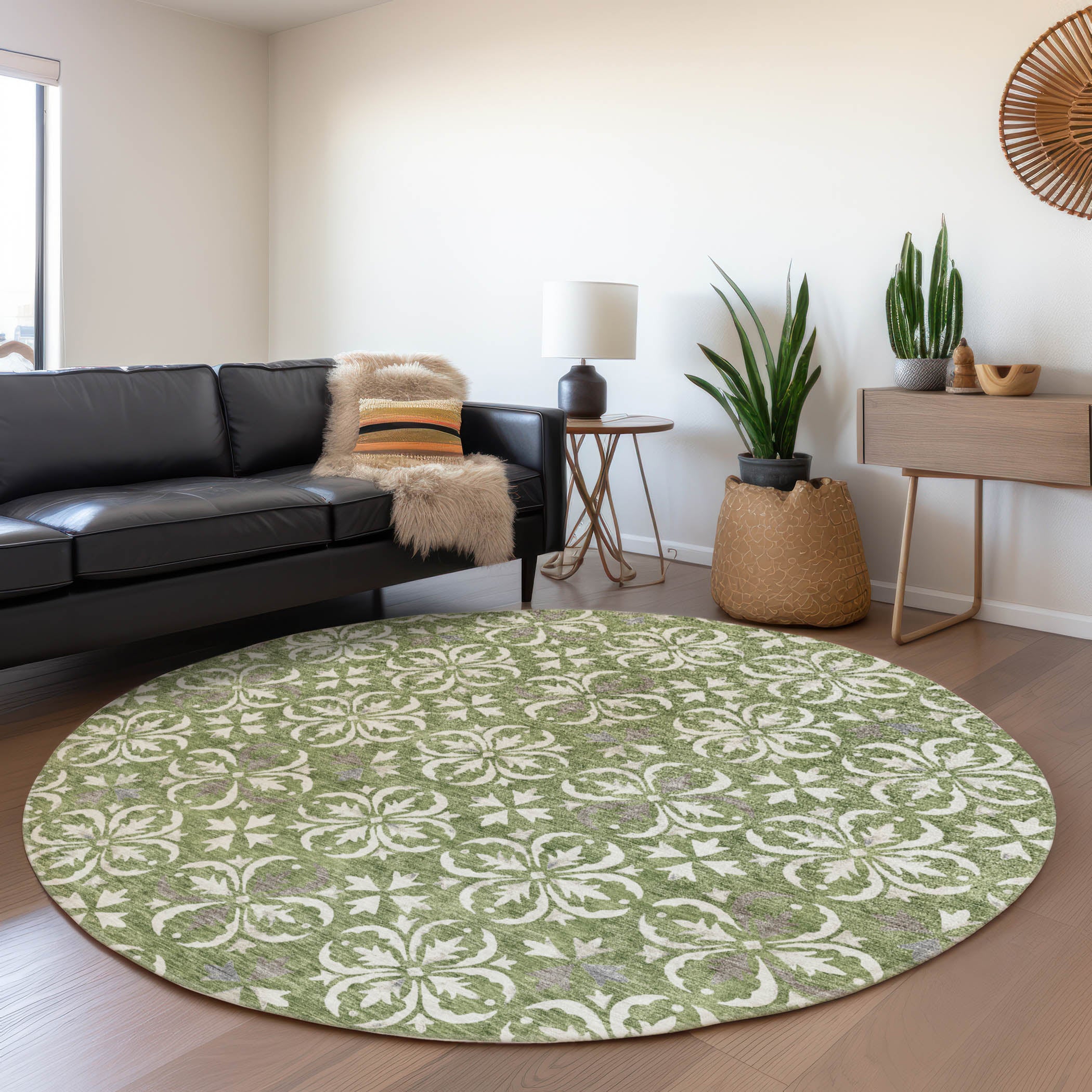 Antigua Machine Washable Transitional Green Rug 8' x 8' #shape_Round