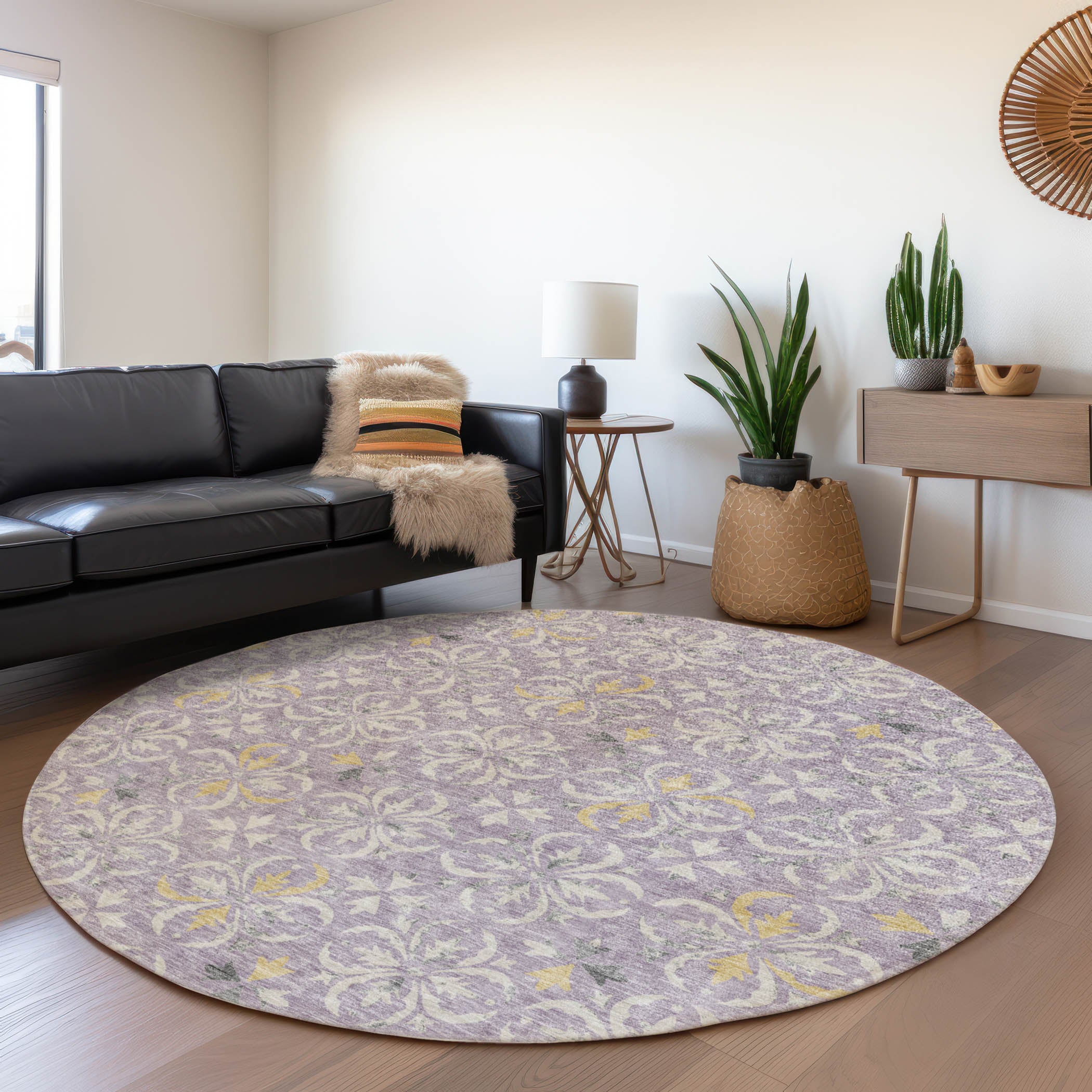 Antigua Machine Washable Transitional Lavender Purple Rug 8' x 8' #shape_Round