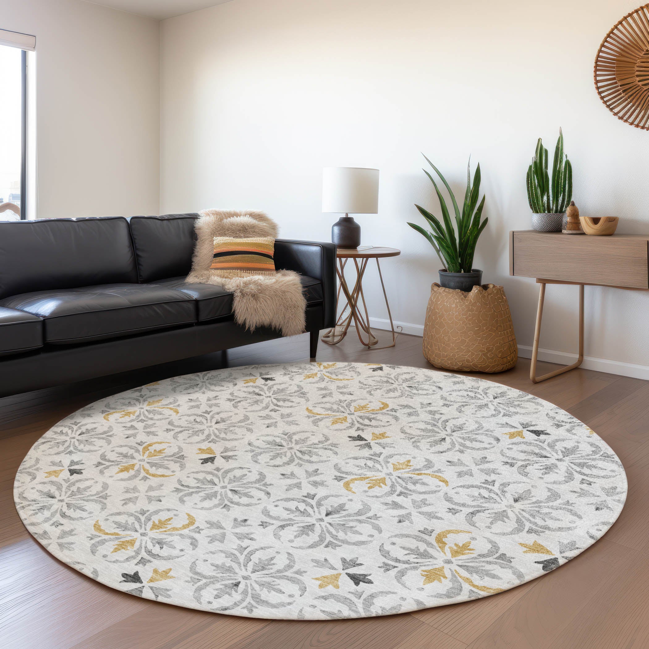 Antigua Machine Washable Transitional Silver Gray Rug 8' x 8' #shape_Round
