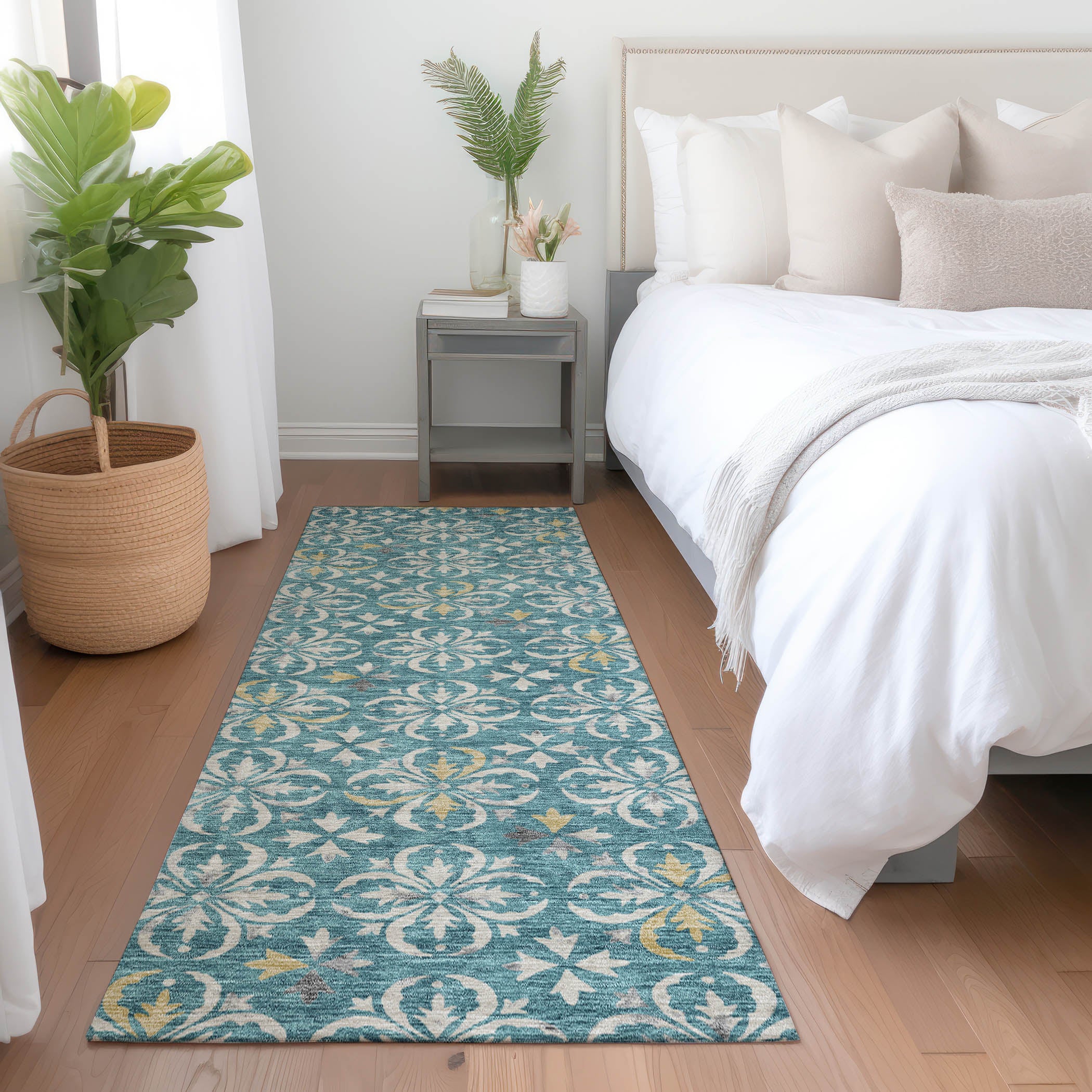 Antigua Machine Washable Transitional Teal Rug 2'3" x 7'6" #shape_Runner