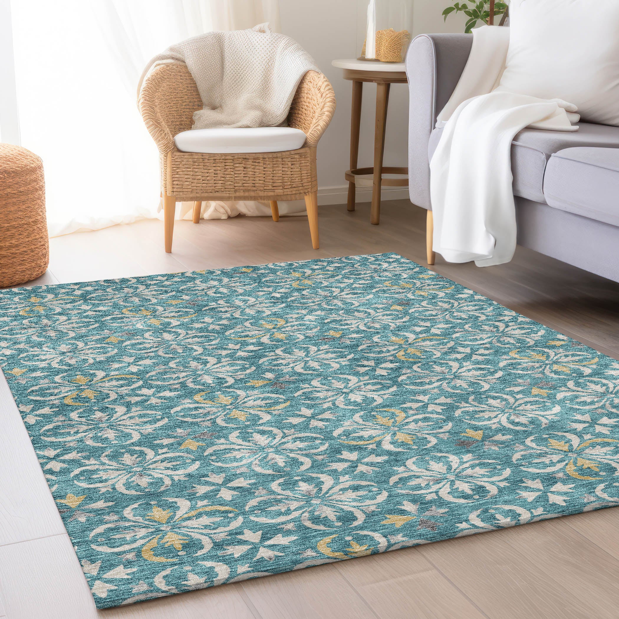 Antigua Machine Washable Transitional Teal Rug 2'6" x 3'10" #shape_Rectangle
