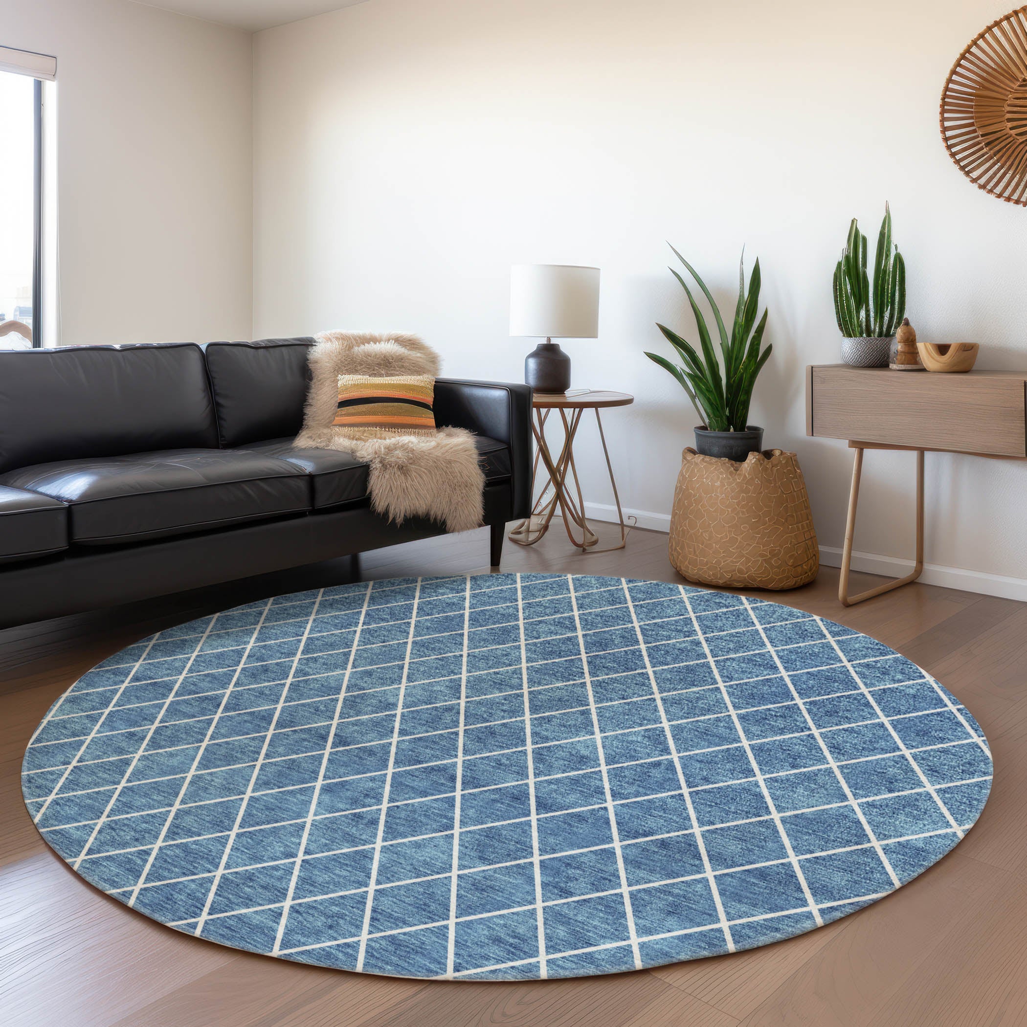 Tallinn Machine Washable Transitional Denim Blue Rug 8' x 8' #shape_Round