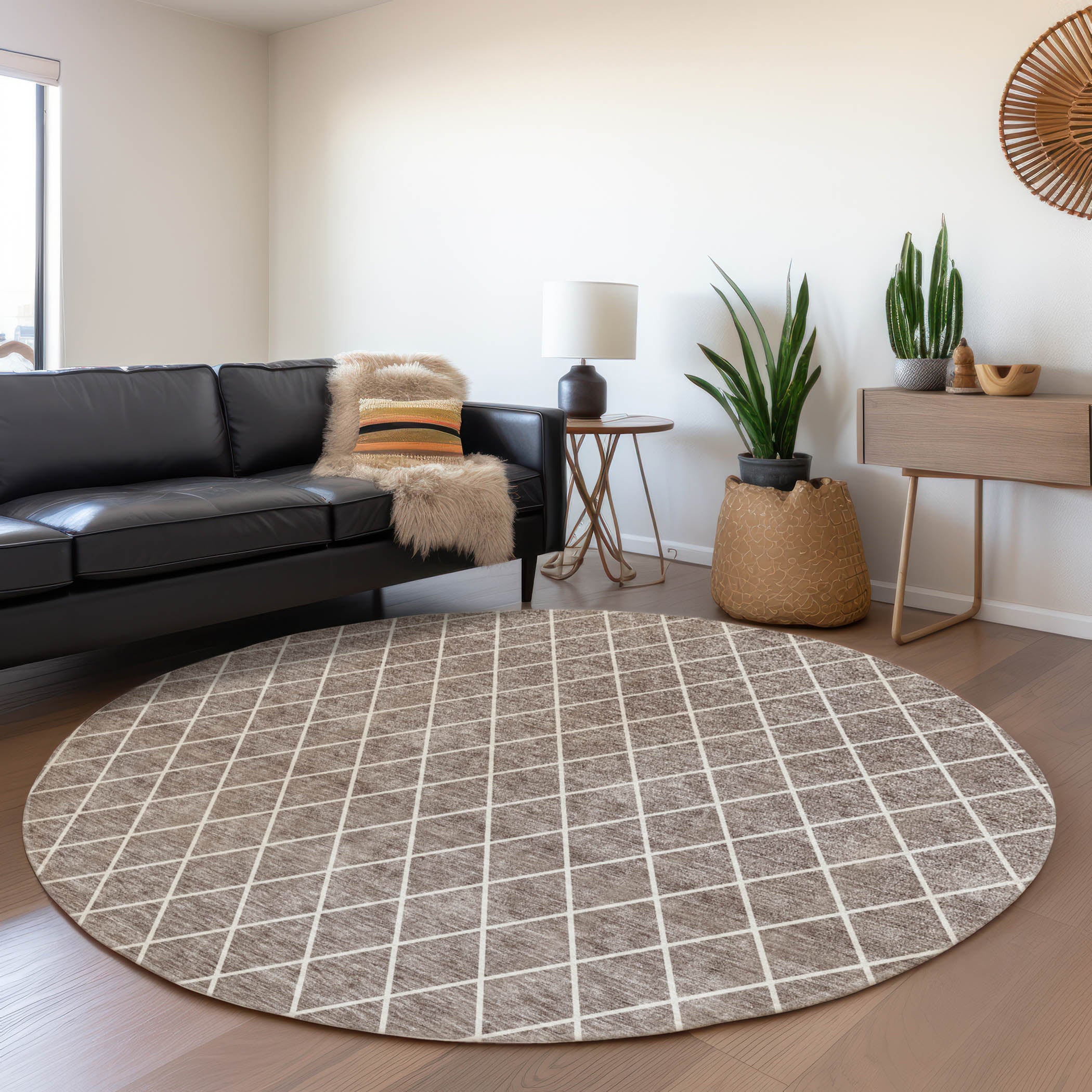Tallinn Machine Washable Transitional Taupe Brown Rug 8' x 8' #shape_Round