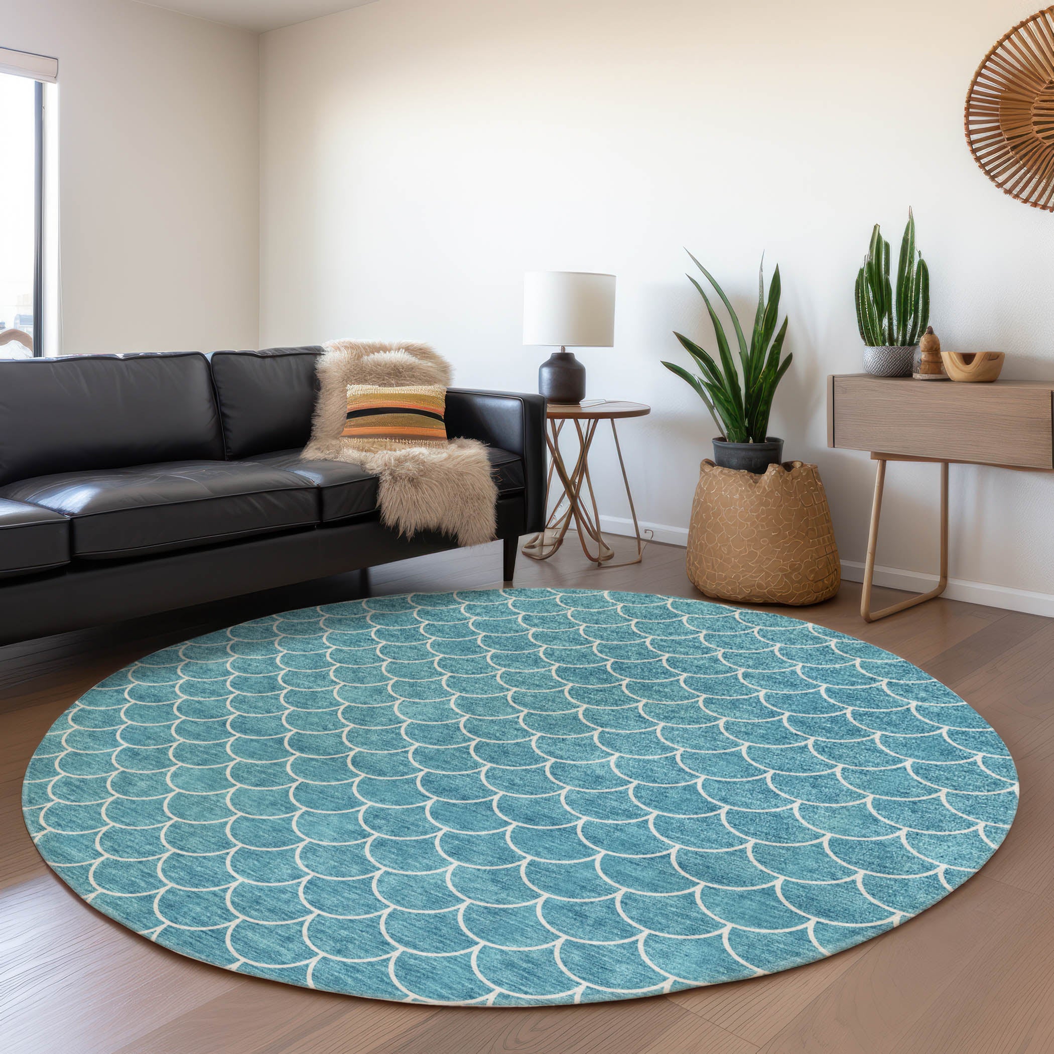 Mdina Machine Washable Transitional Teal Rug 8' x 8' #shape_Round