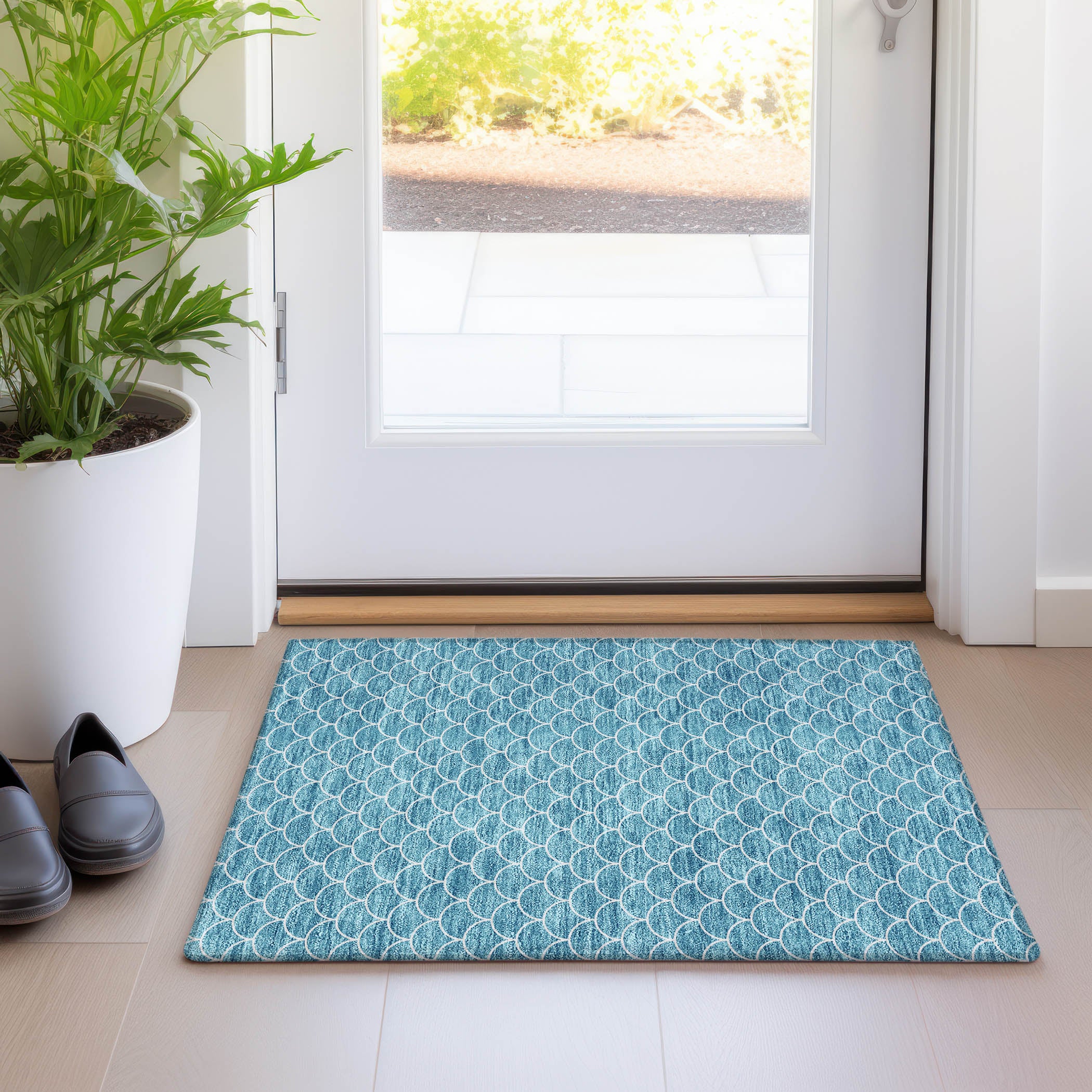 Mdina Machine Washable Transitional Teal Rug 1'8" x 2'6" #shape_Rectangle