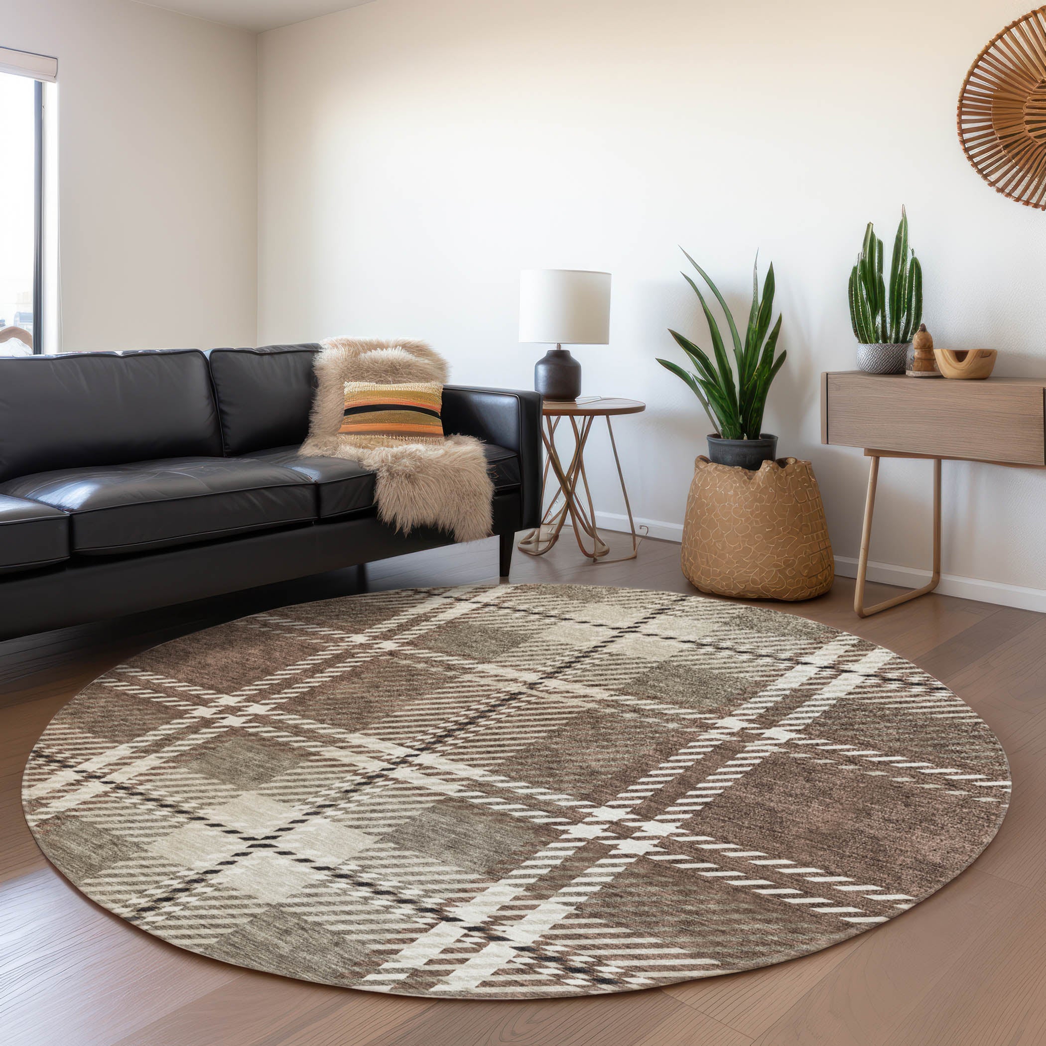 Chiang Mai Machine Washable Transitional Brown Rug 8' x 8' #shape_Round
