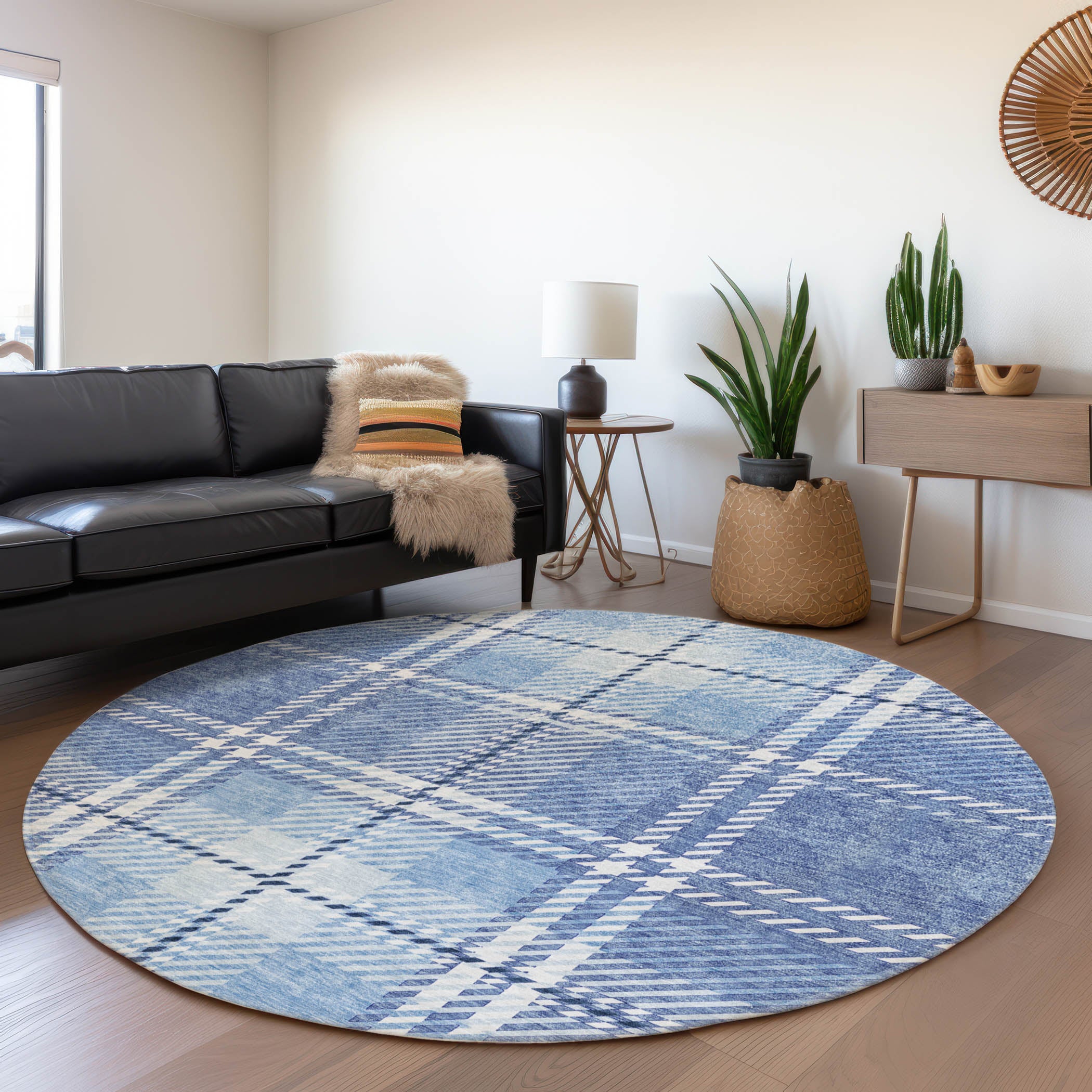 Chiang Mai Machine Washable Transitional Denim Blue Rug 8' x 8' #shape_Round