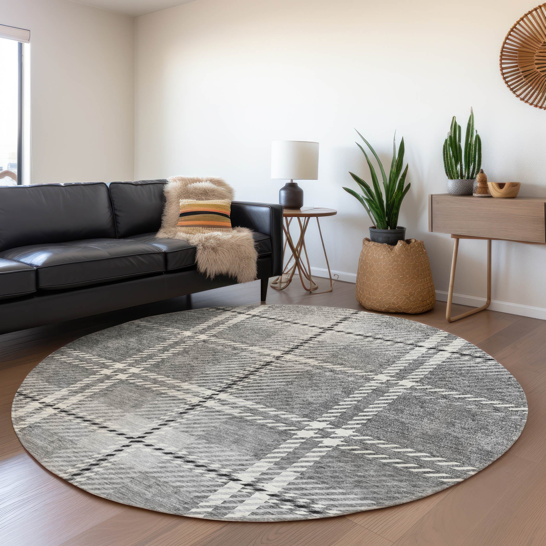 Chiang Mai Machine Washable Transitional Gray Rug 8' x 8' #shape_Round