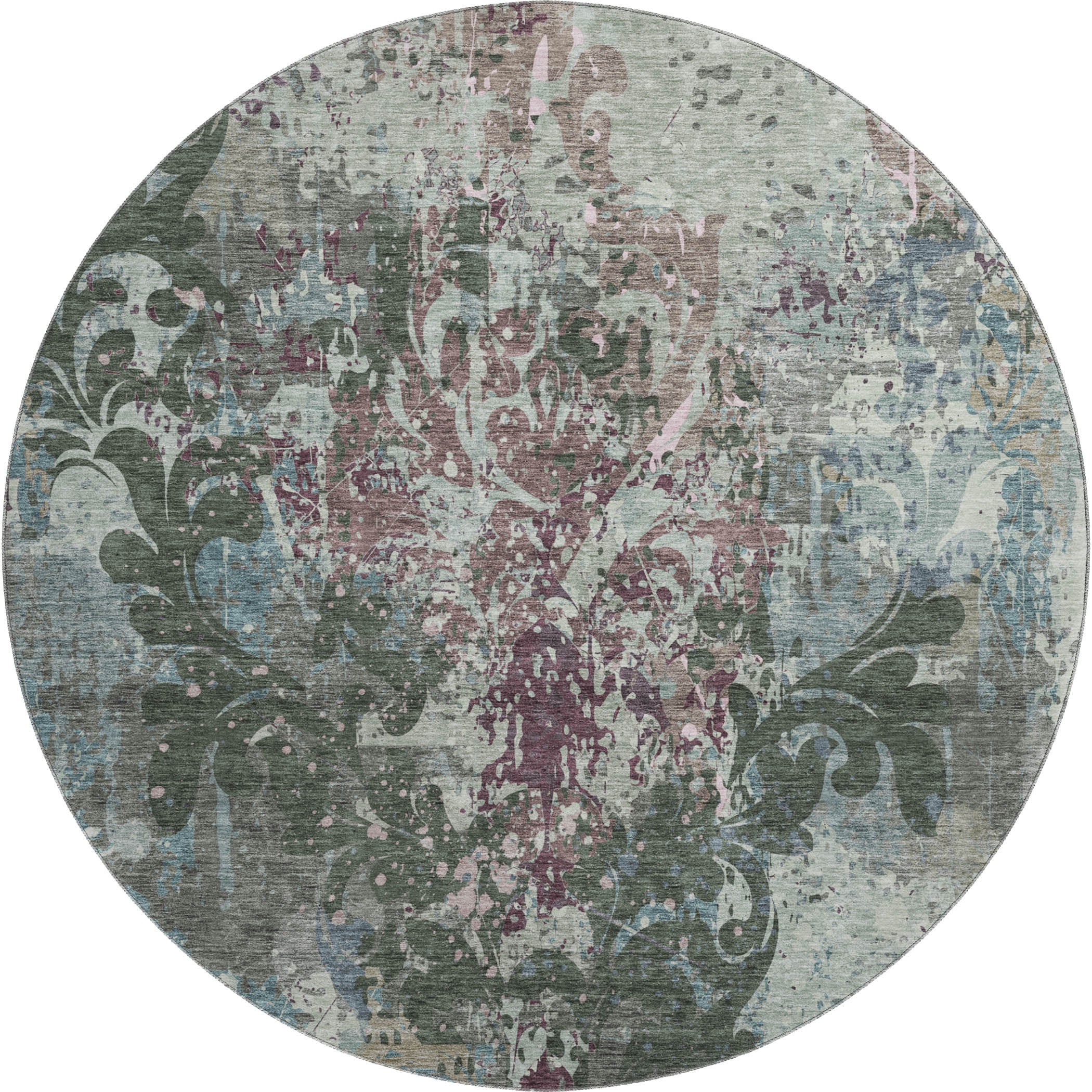 Split Machine Washable Transitional Fern Green Rug 8' x 8' #shape_Round