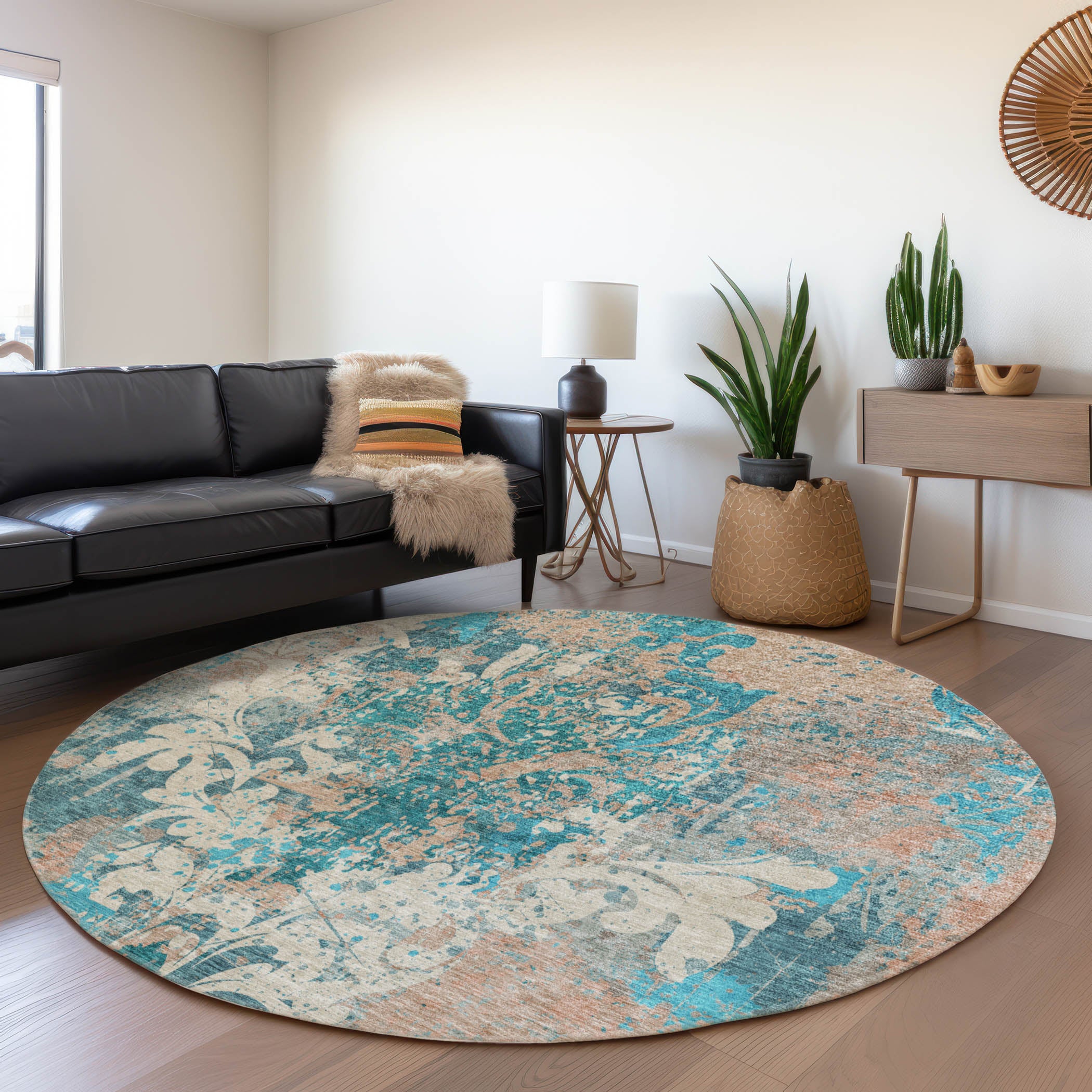 Split Machine Washable Transitional Teal Rug 8' x 8' #shape_Round
