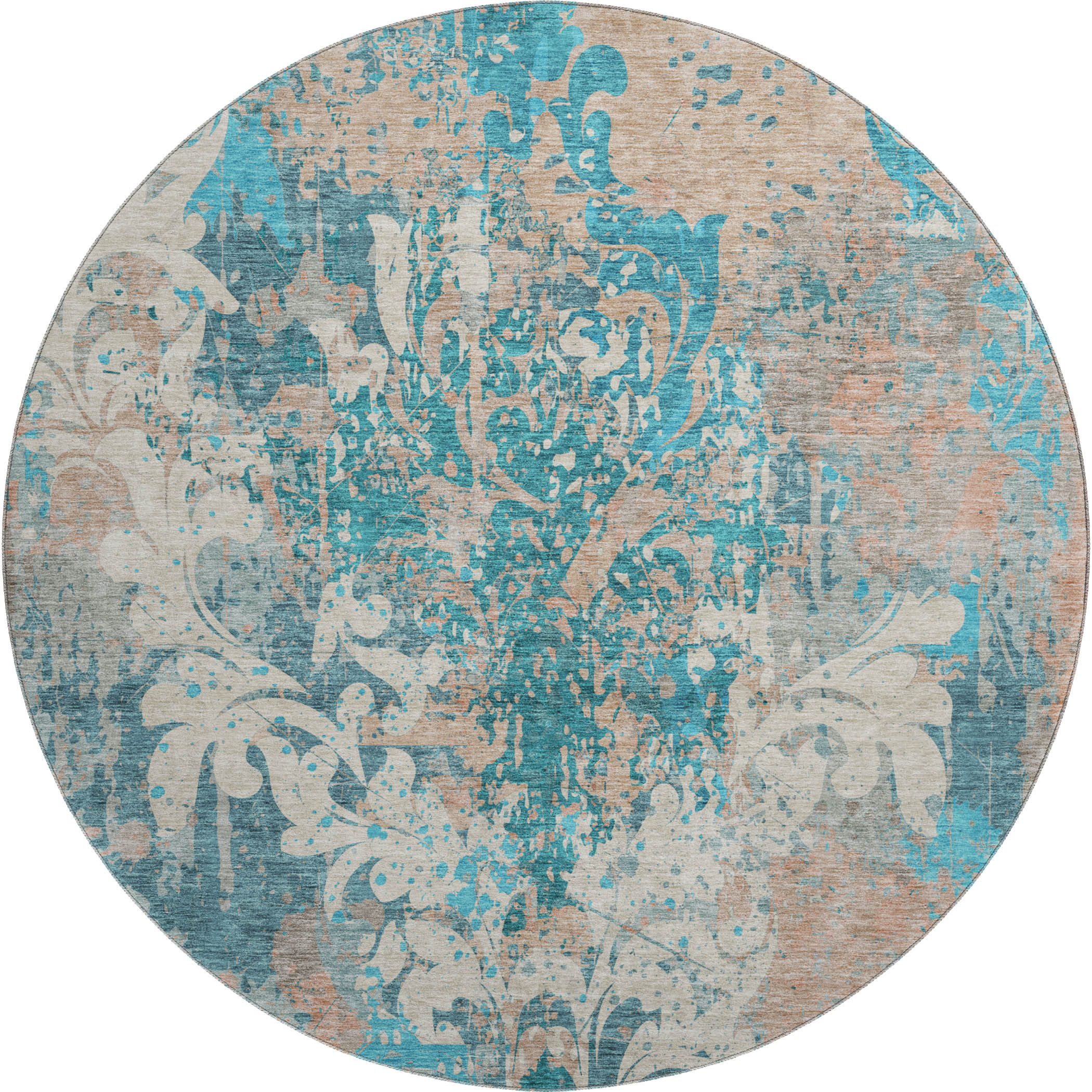 Split Machine Washable Transitional Teal Rug 8' x 8' #shape_Round