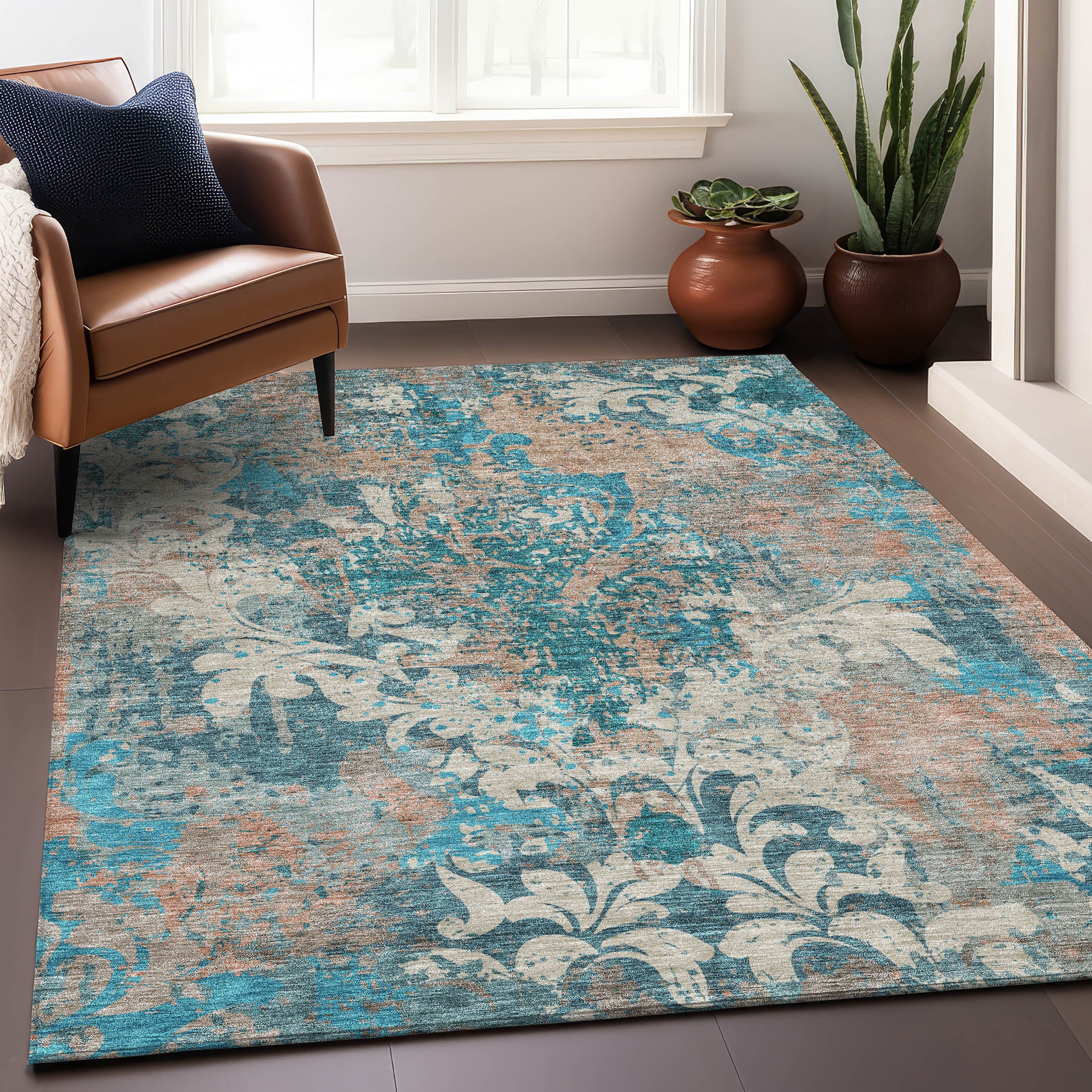 Split Machine Washable Transitional Teal Rug 2'6" x 3'10" #shape_Rectangle