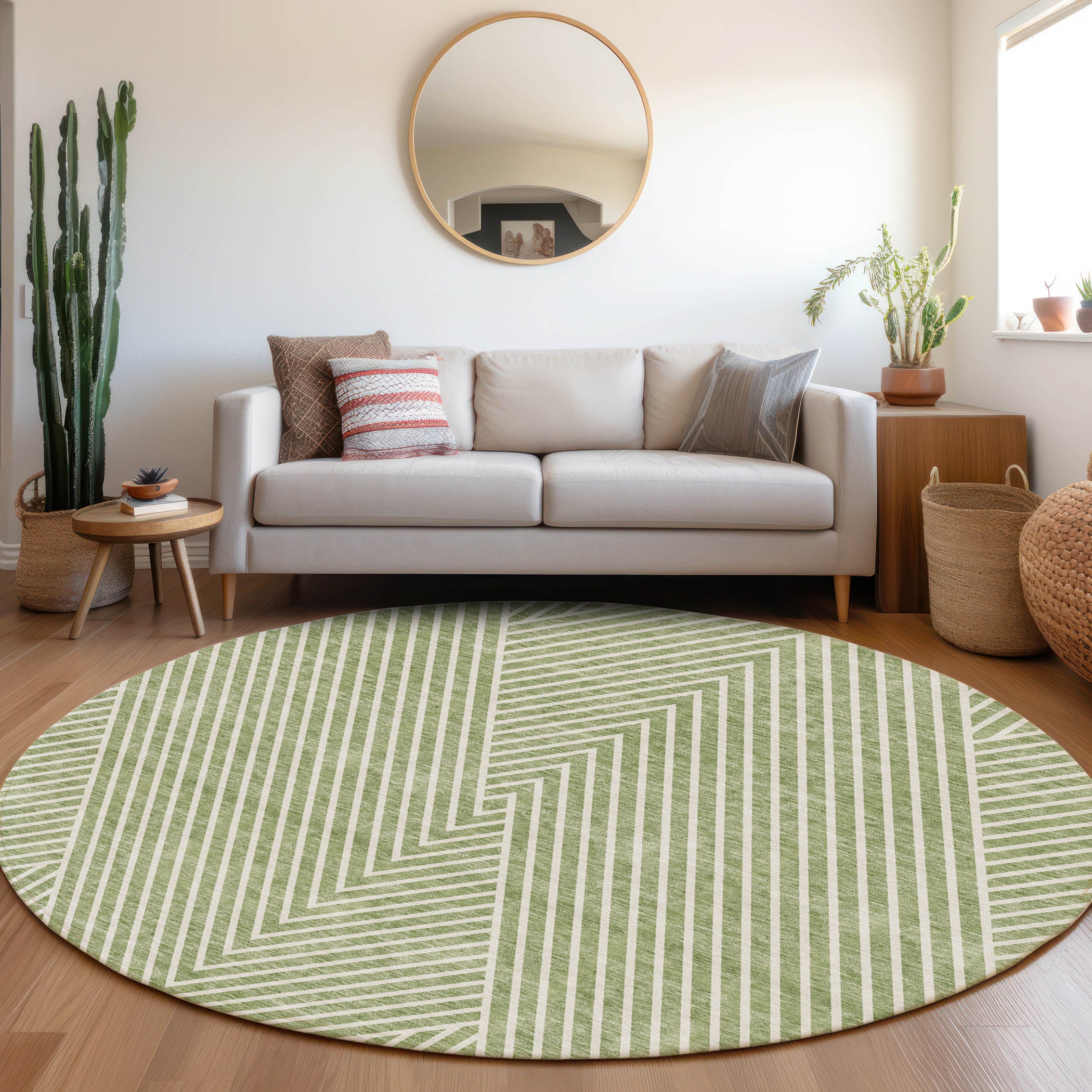 Bern Machine Washable Transitional Aloe Green Rug 8' x 8' #shape_Round