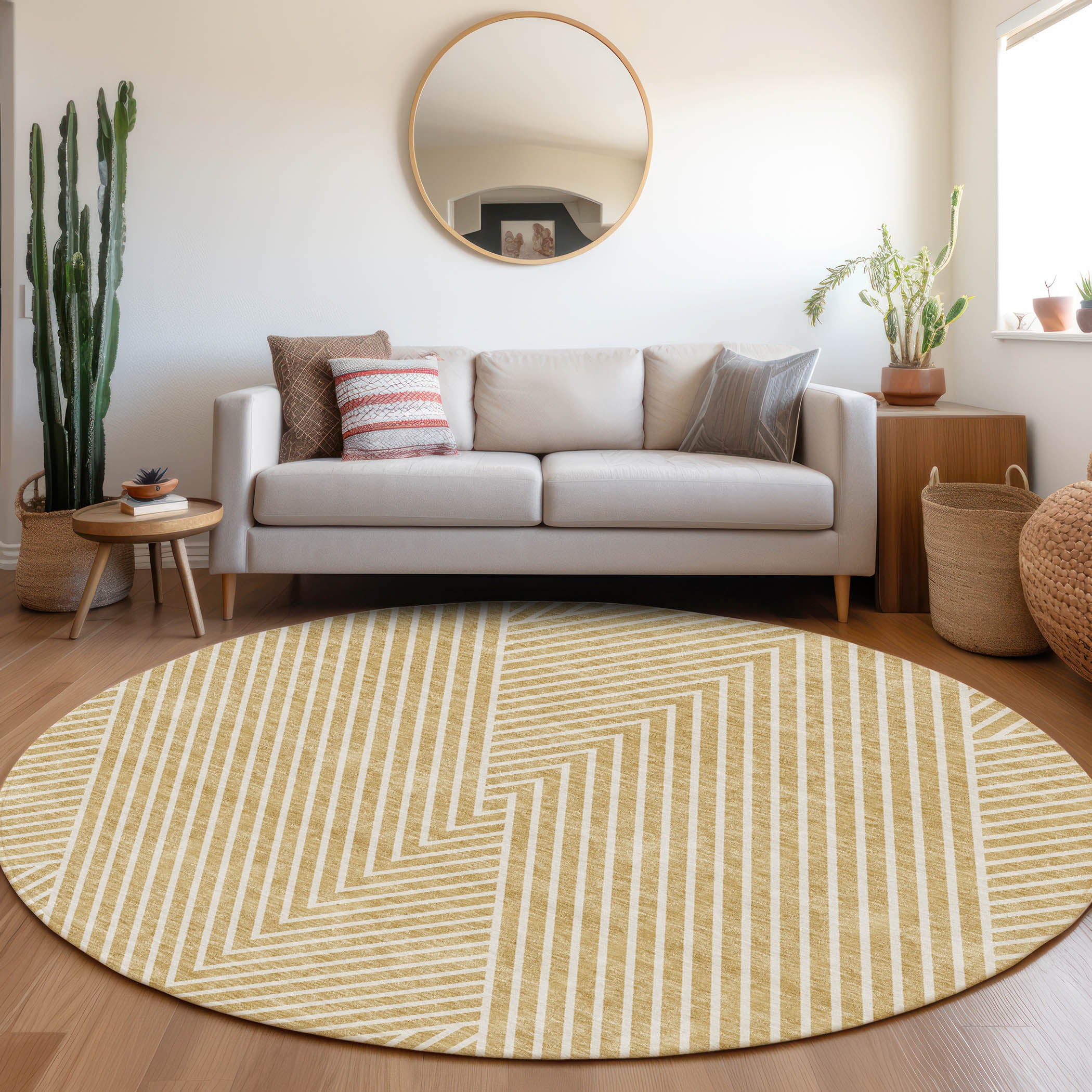 Bern Machine Washable Transitional Gold Rug 8' x 8' #shape_Round