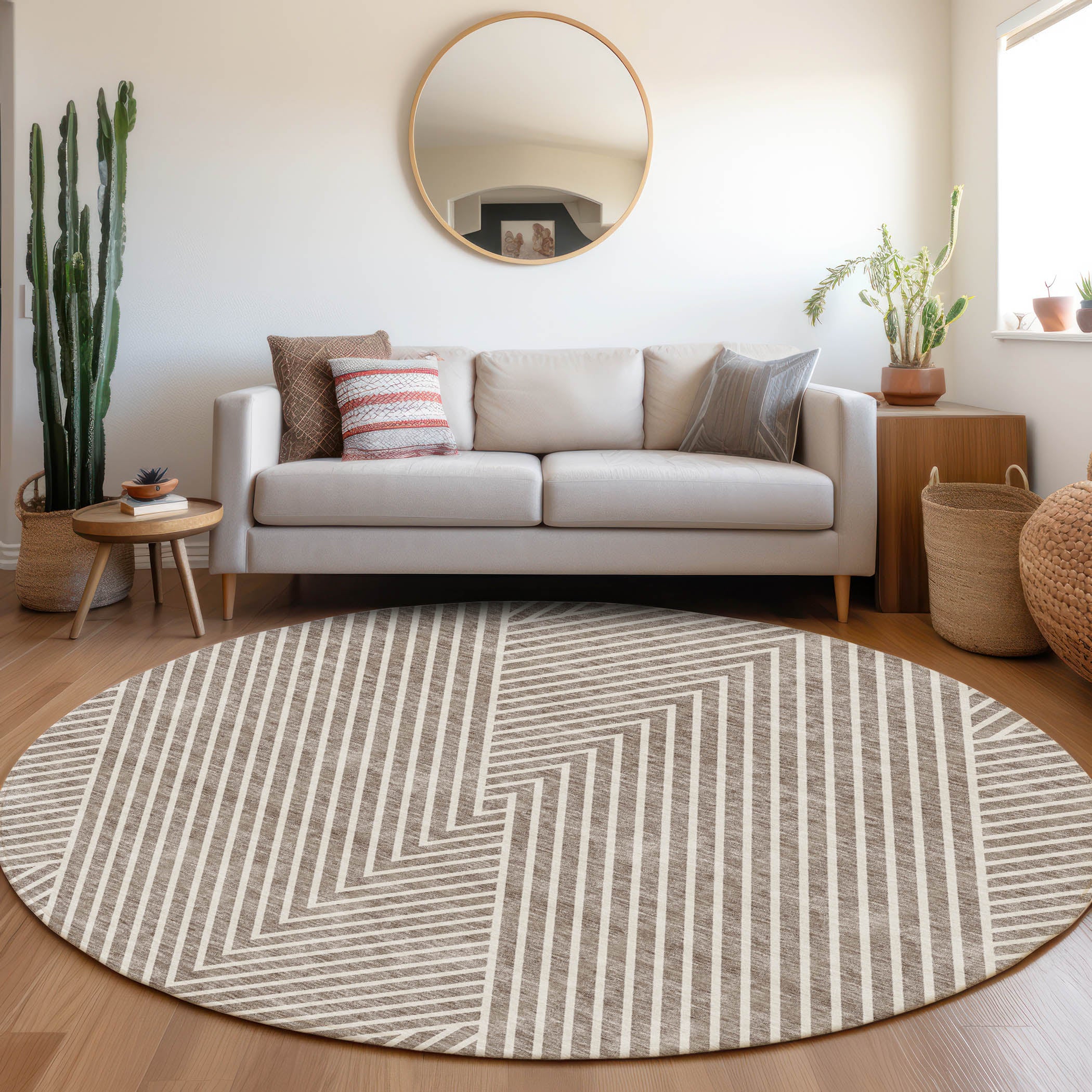 Bern Machine Washable Transitional Taupe Brown Rug 8' x 8' #shape_Round