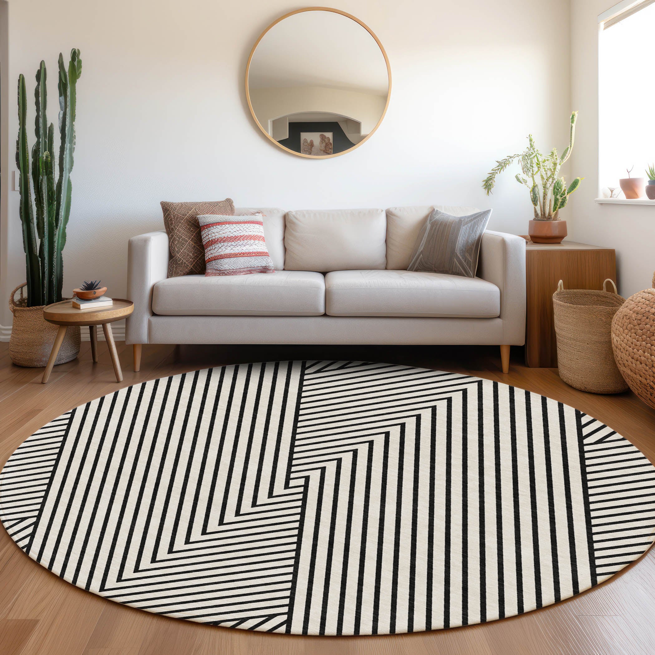 Bern Machine Washable Transitional White Ivory Rug 8' x 8' #shape_Round