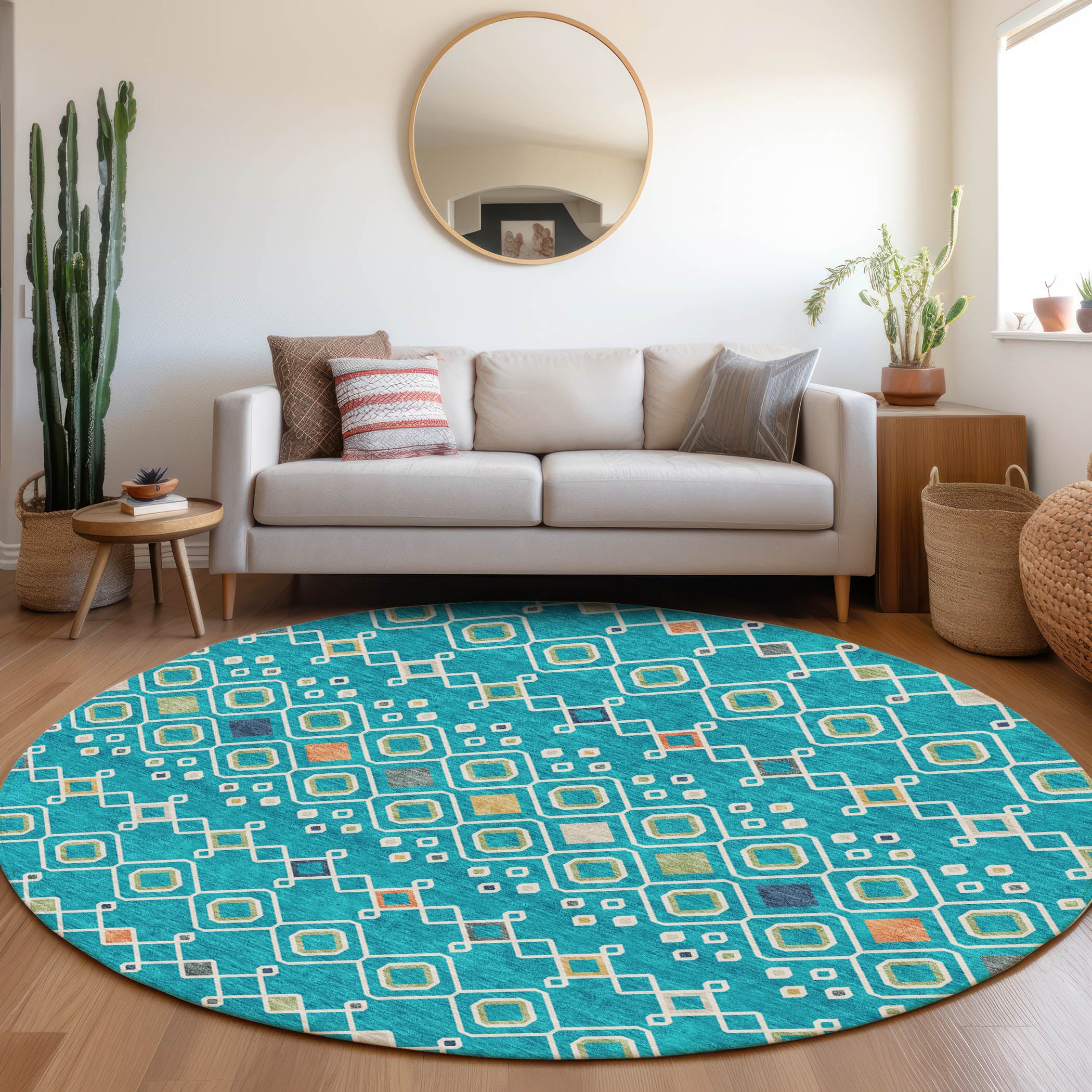 Tallinn Machine Washable Transitional Teal Rug 8' x 8' #shape_Round