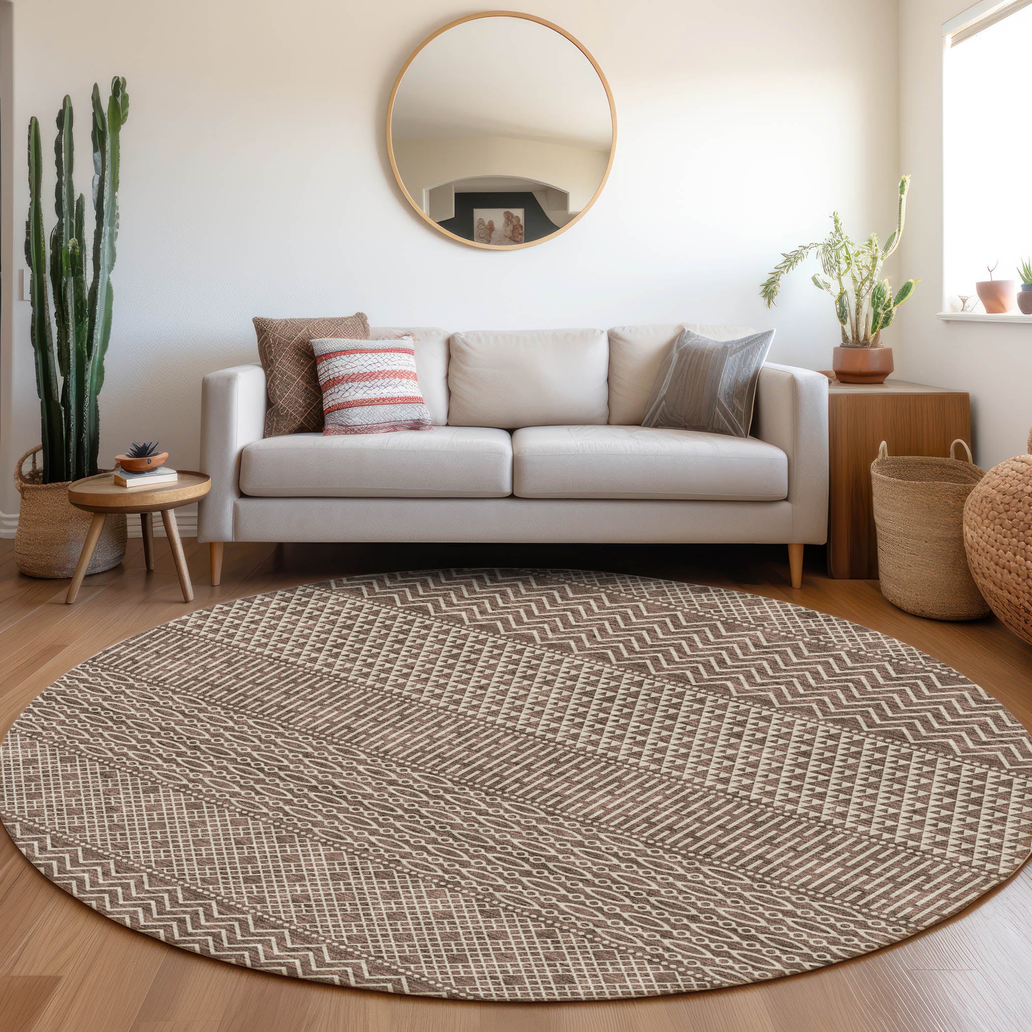 Florence Machine Washable Transitional Brown Rug 8' x 8' #shape_Round