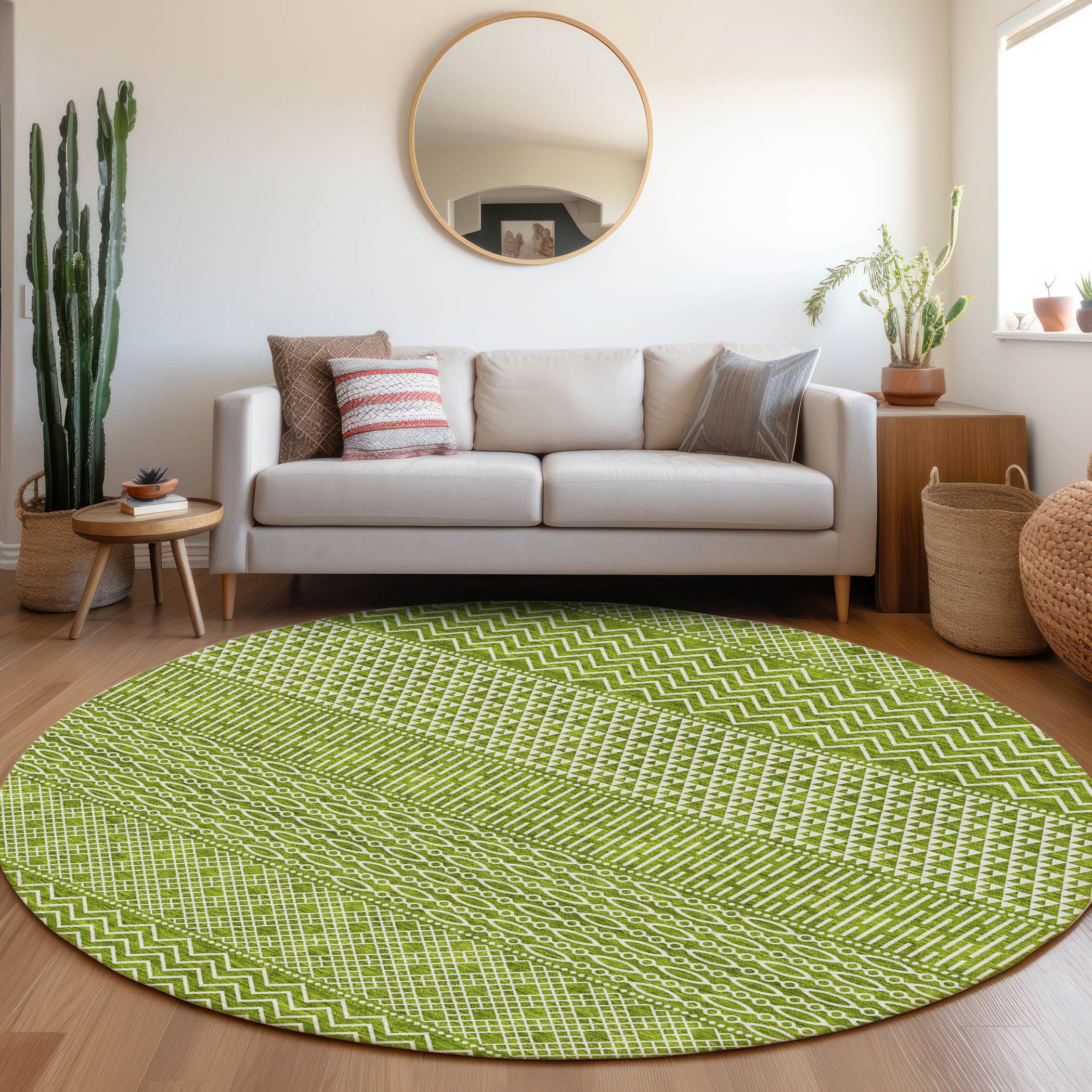 Florence Machine Washable Transitional Lime Green Rug 8' x 8' #shape_Round