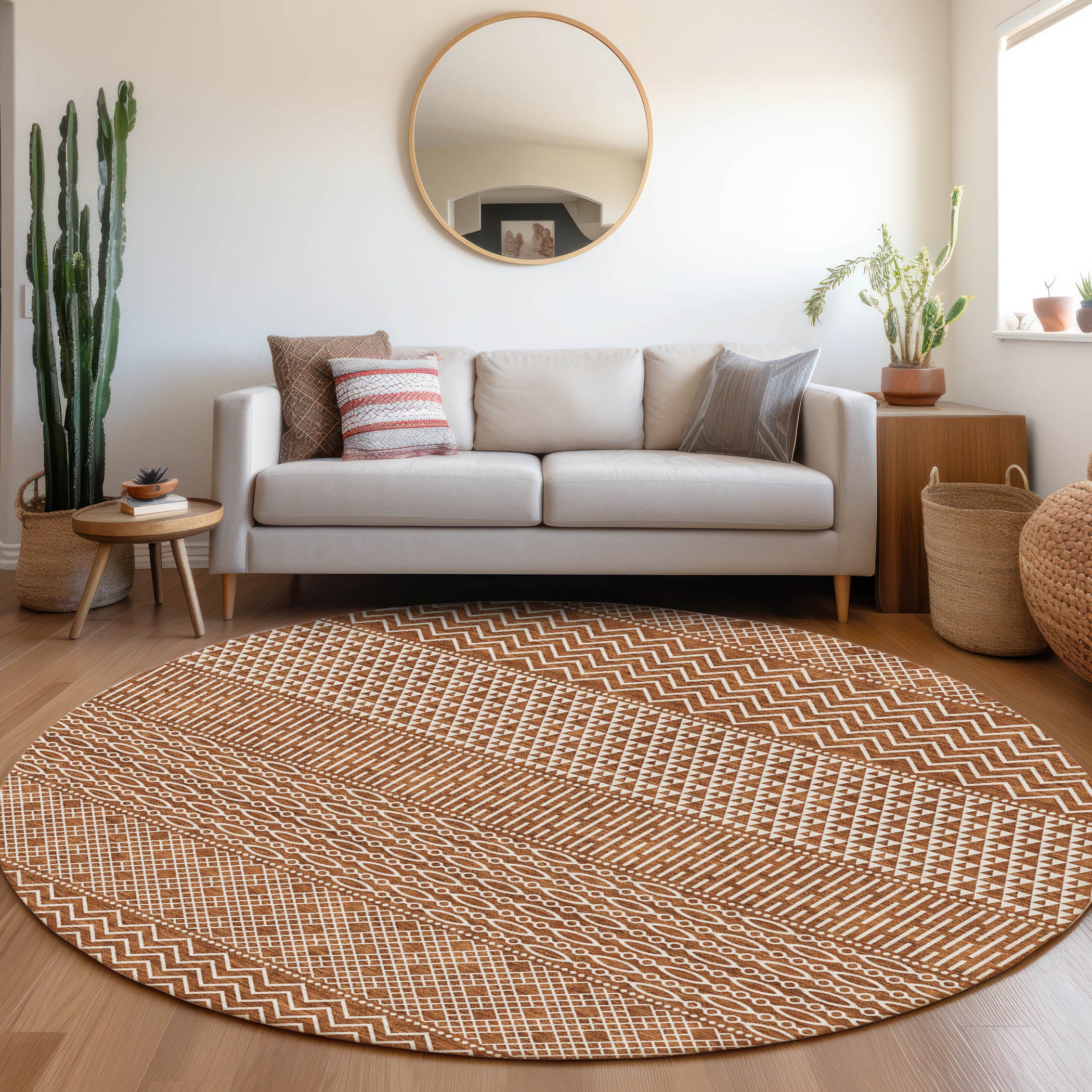 Florence Machine Washable Transitional Paprika Orange Rug 8' x 8' #shape_Round