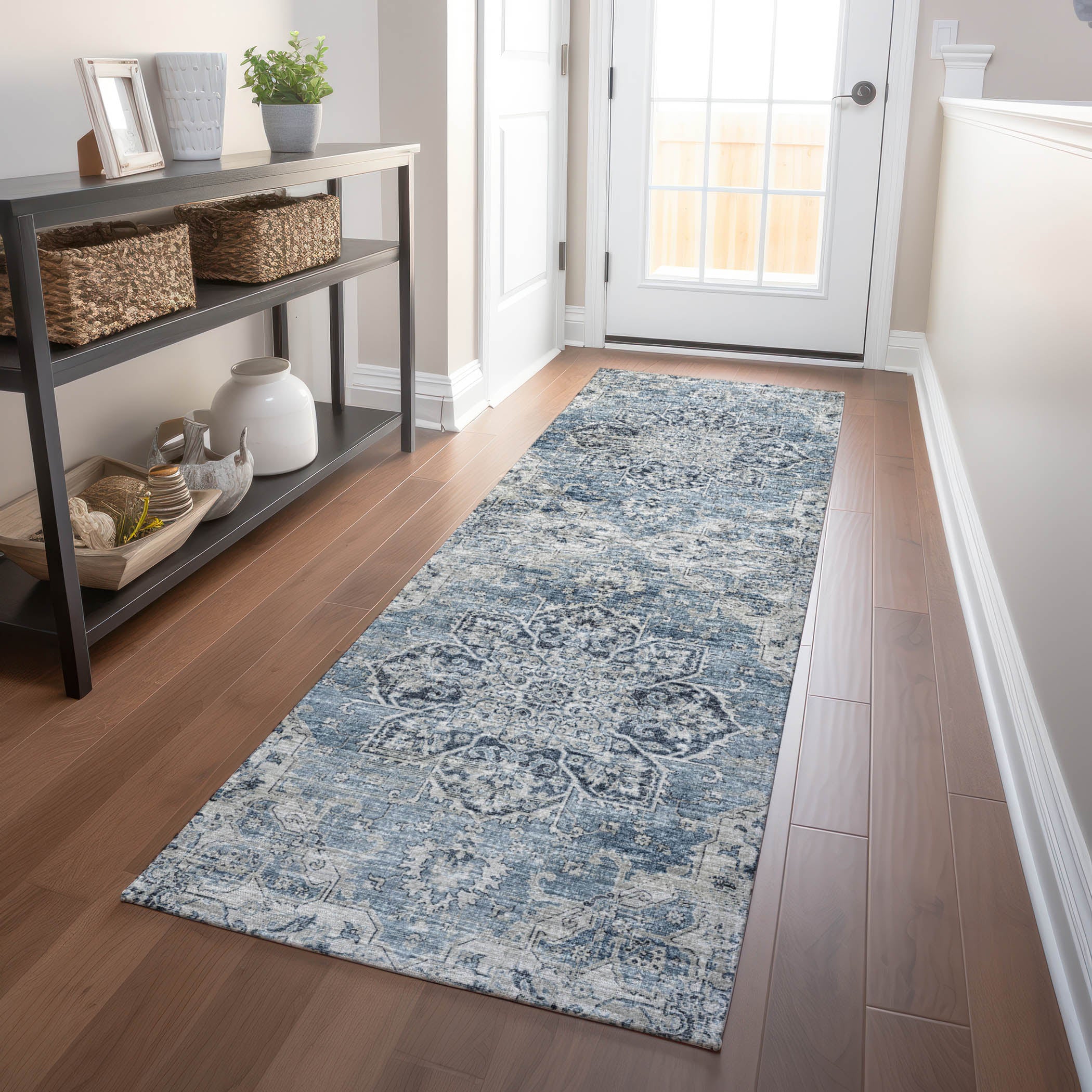 Athens Machine Washable Traditional Blue Rug 2'3" x 7'6" #shape_Runner