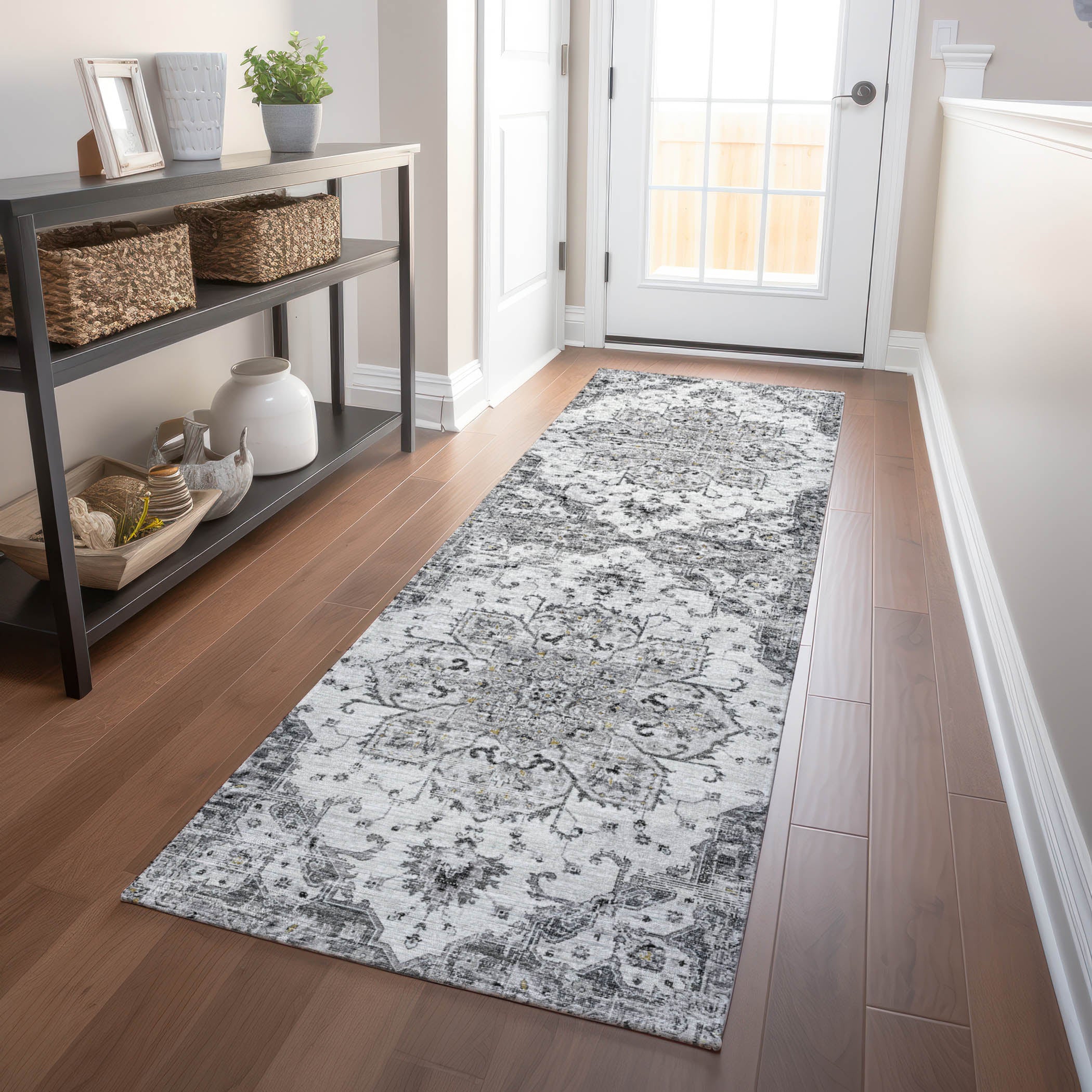Athens Machine Washable Traditional Fog Gray Rug 2'3" x 7'6" #shape_Runner