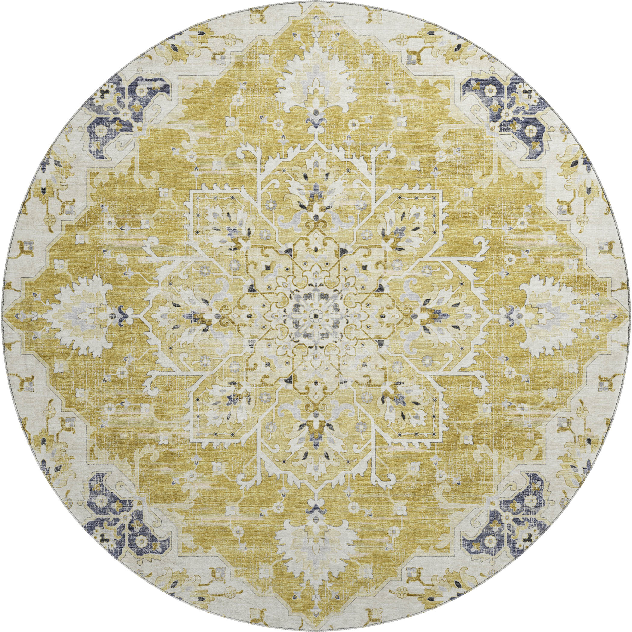 Athens Machine Washable Traditional Gilded Yellow Rug 8' x 8' #shape_Round