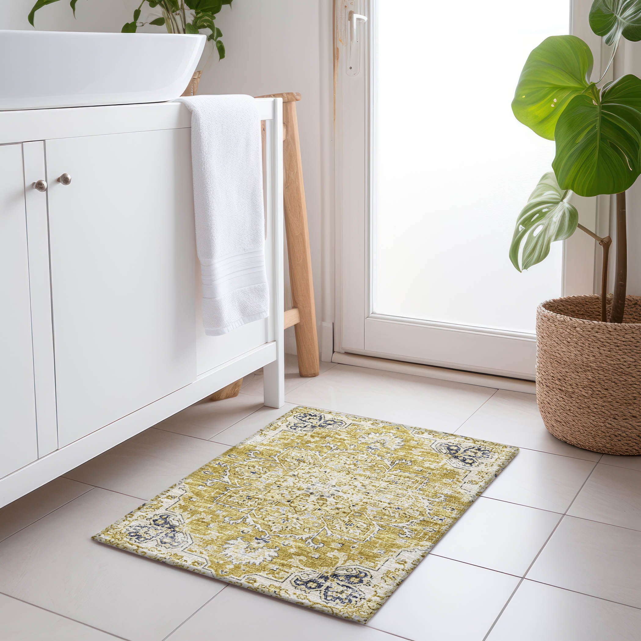 Athens Machine Washable Traditional Gilded Yellow Rug 1'8" x 2'6" #shape_Rectangle