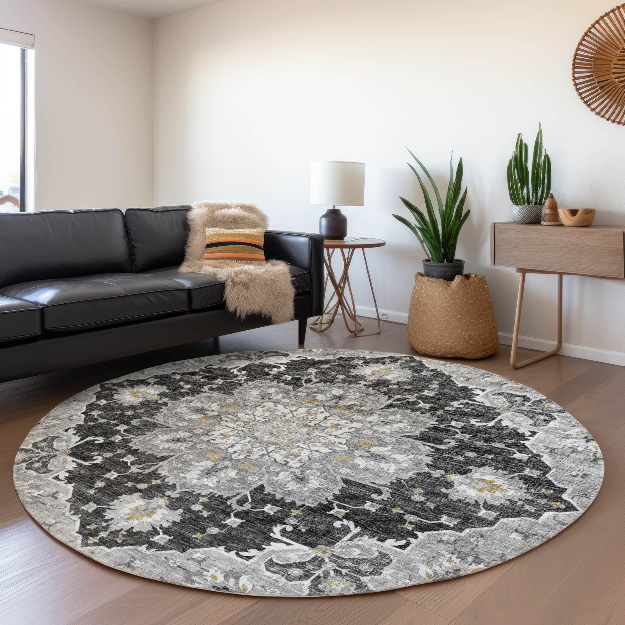 Athens Machine Washable Traditional Shadow Gray Rug 8' x 8' #shape_Round